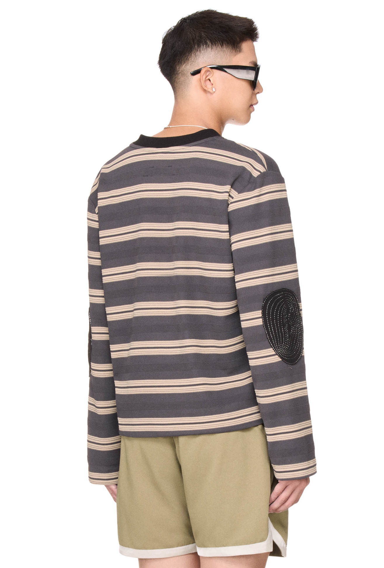 BEUTER® STRIPED ELBOW PATCH SWEATER - DARK GREY