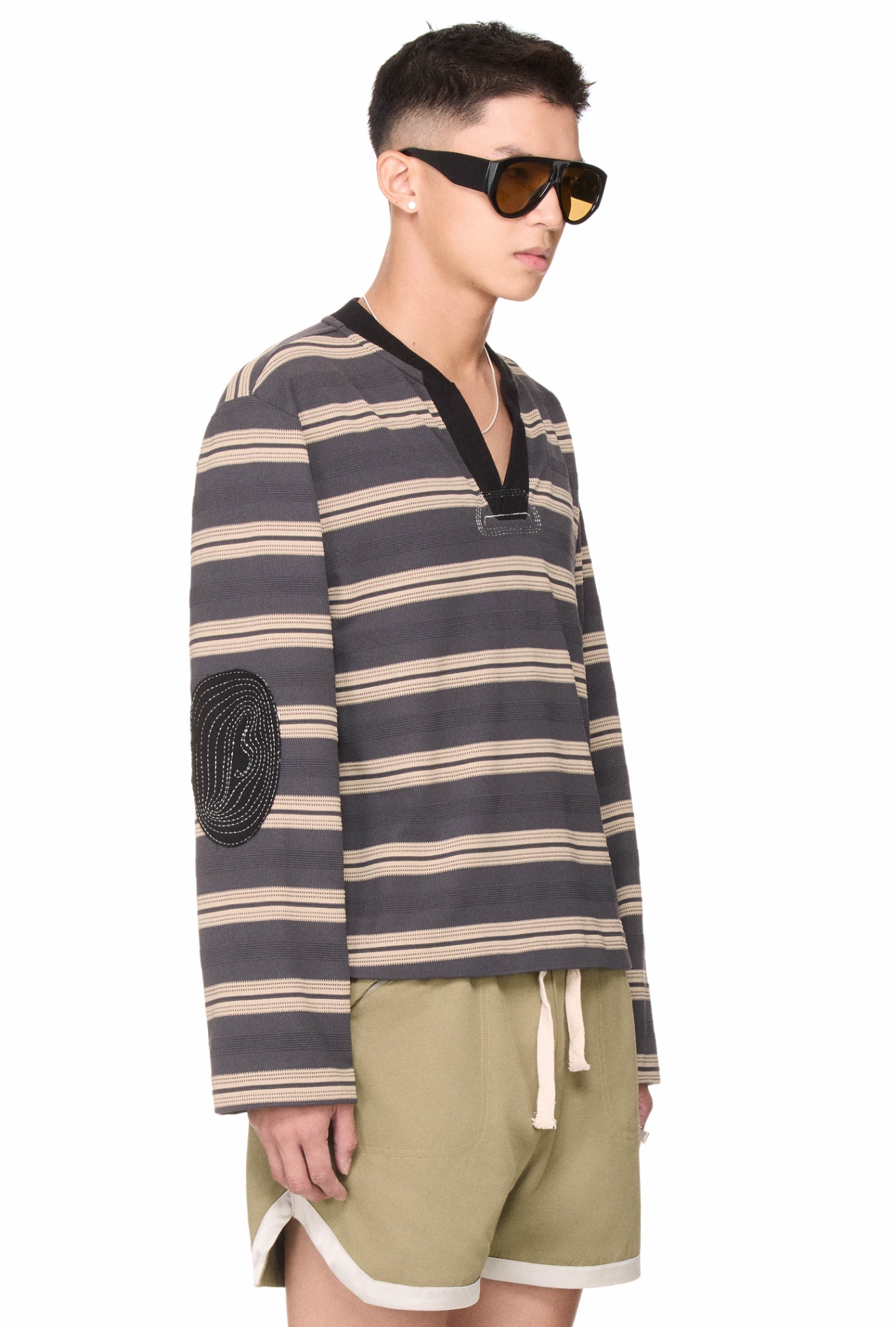 BEUTER® STRIPED ELBOW PATCH SWEATER - DARK GREY