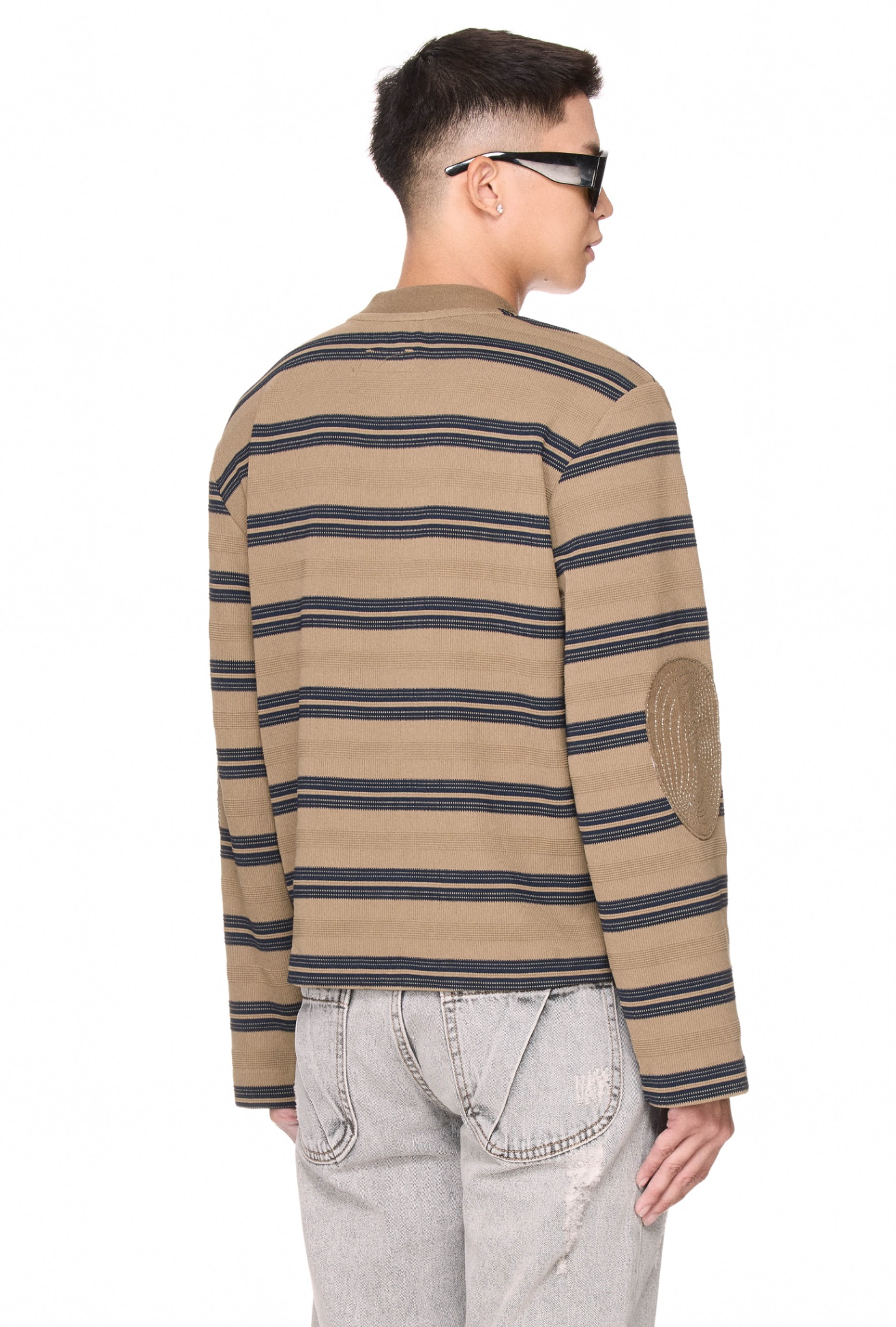BEUTER® STRIPED ELBOW PATCH SWEATER - TAUPE GRAY