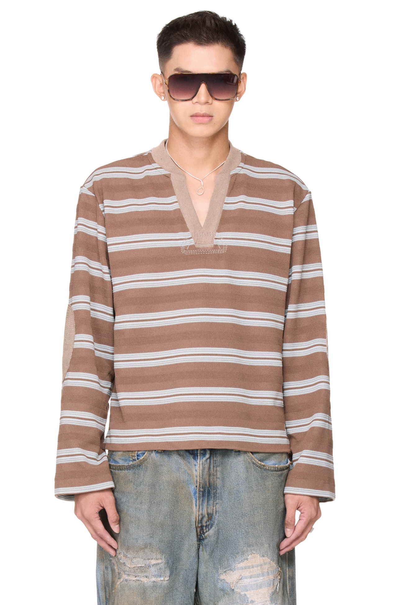 BEUTER® STRIPED ELBOW PATCH SWEATER - MOCHA