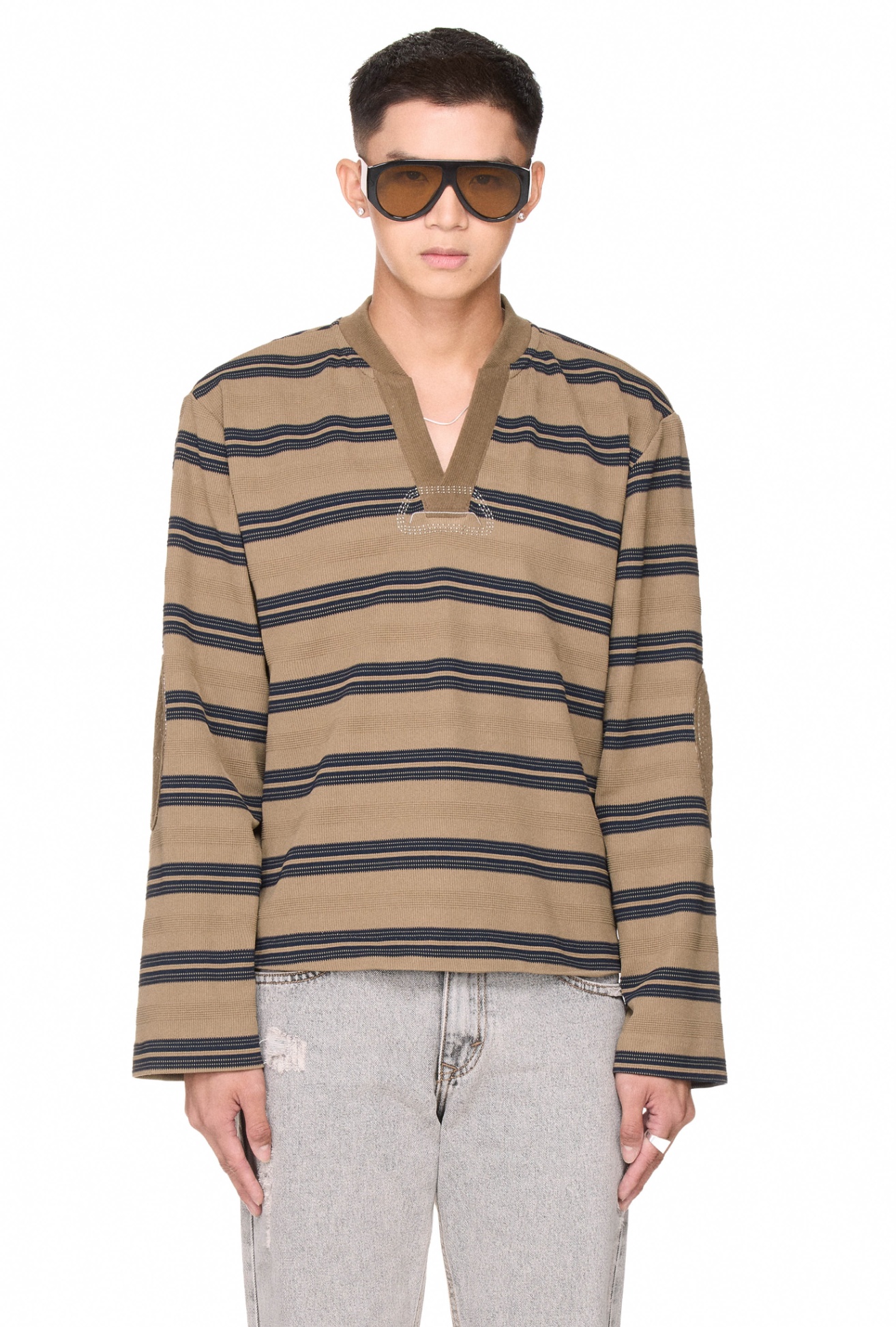 BEUTER® STRIPED ELBOW PATCH SWEATER - TAUPE GRAY