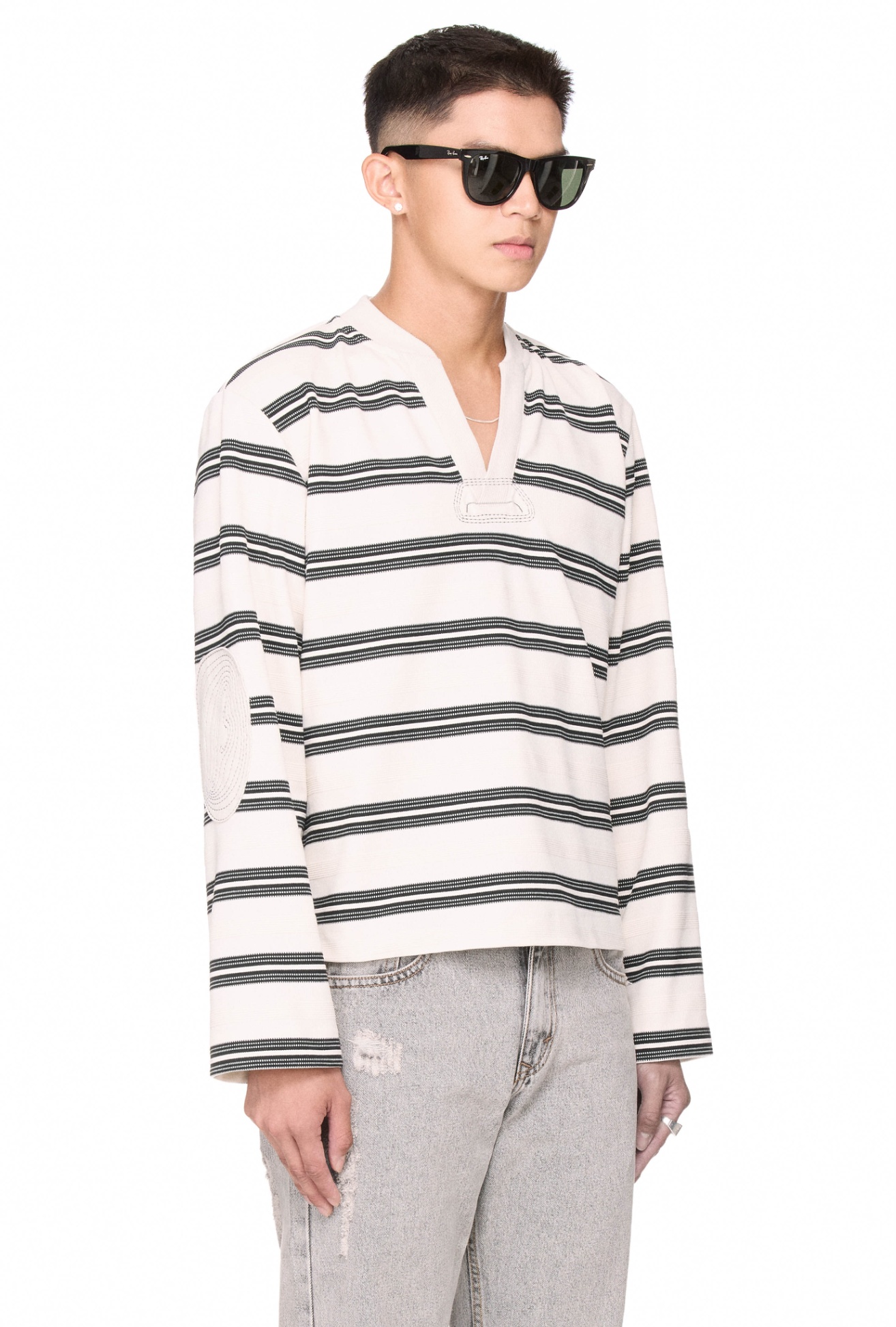 BEUTER® STRIPED ELBOW PATCH SWEATER - WHITE
