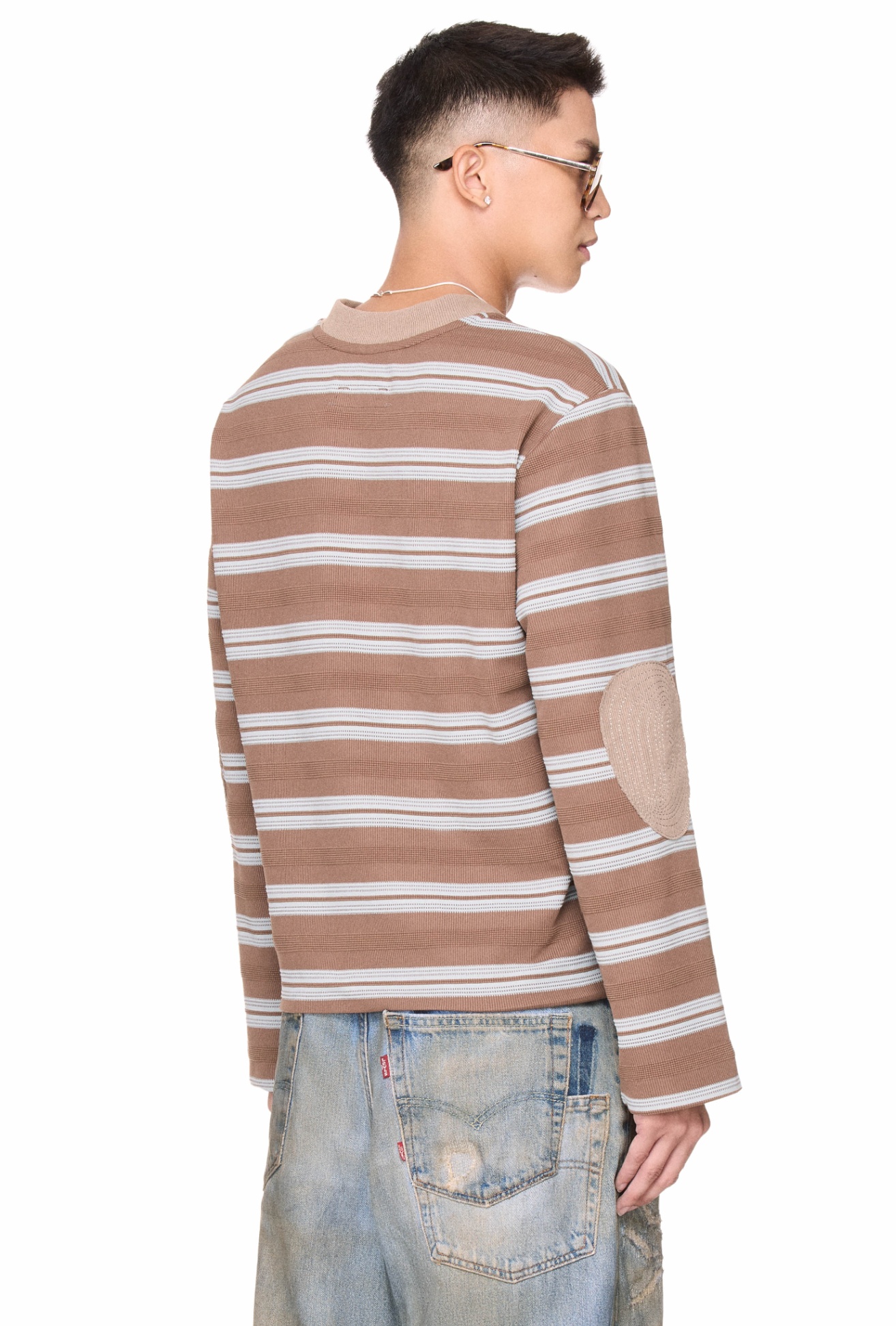 BEUTER® STRIPED ELBOW PATCH SWEATER - MOCHA