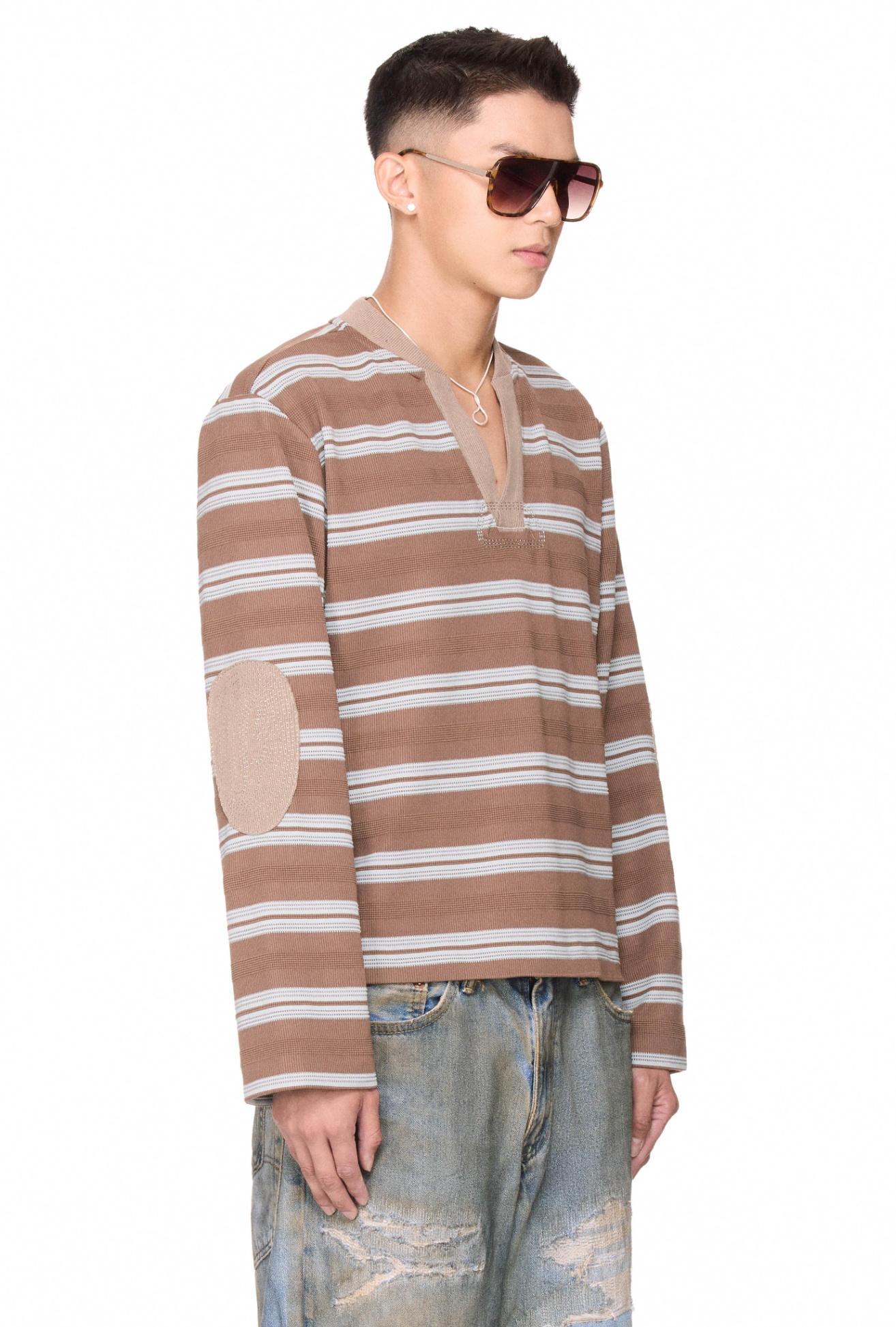 BEUTER® STRIPED ELBOW PATCH SWEATER - MOCHA