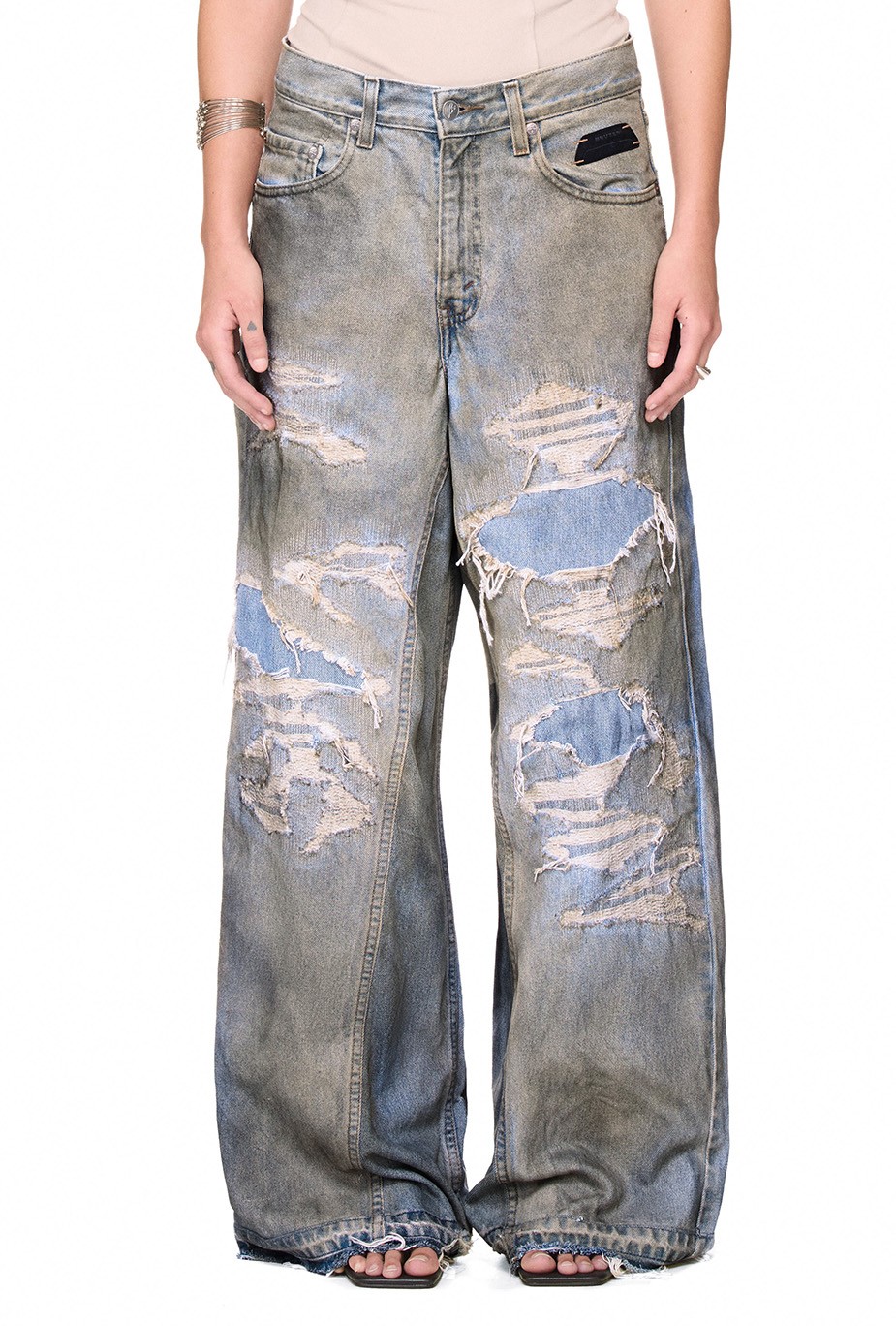 BEUTER® HANDCRAFTED DISTRESSED RECYCLED BAGGY JEANS - BLUE