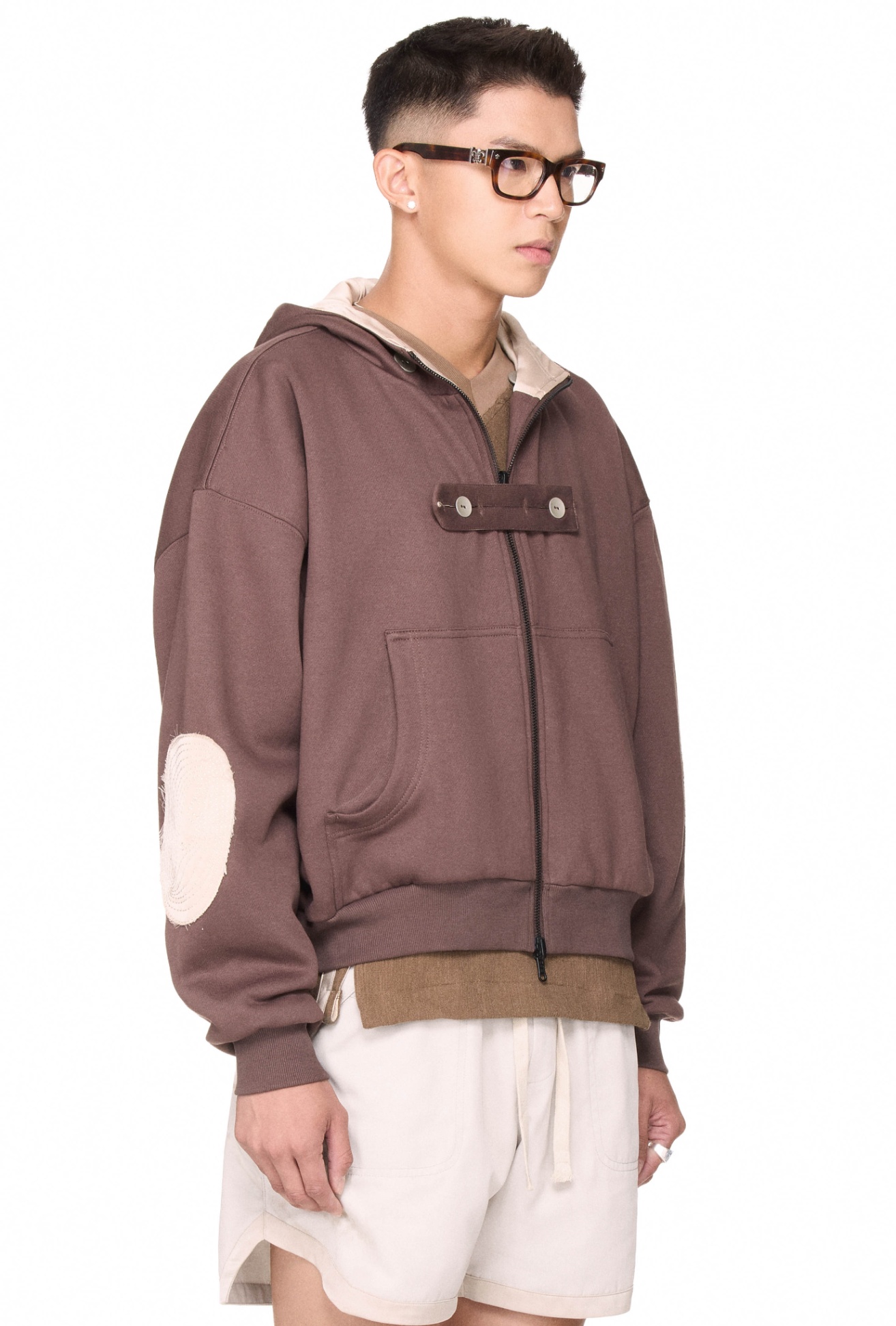 BEUTER® REVERSIBLE SILK ELBOW PATCH HOODIE - BROWN