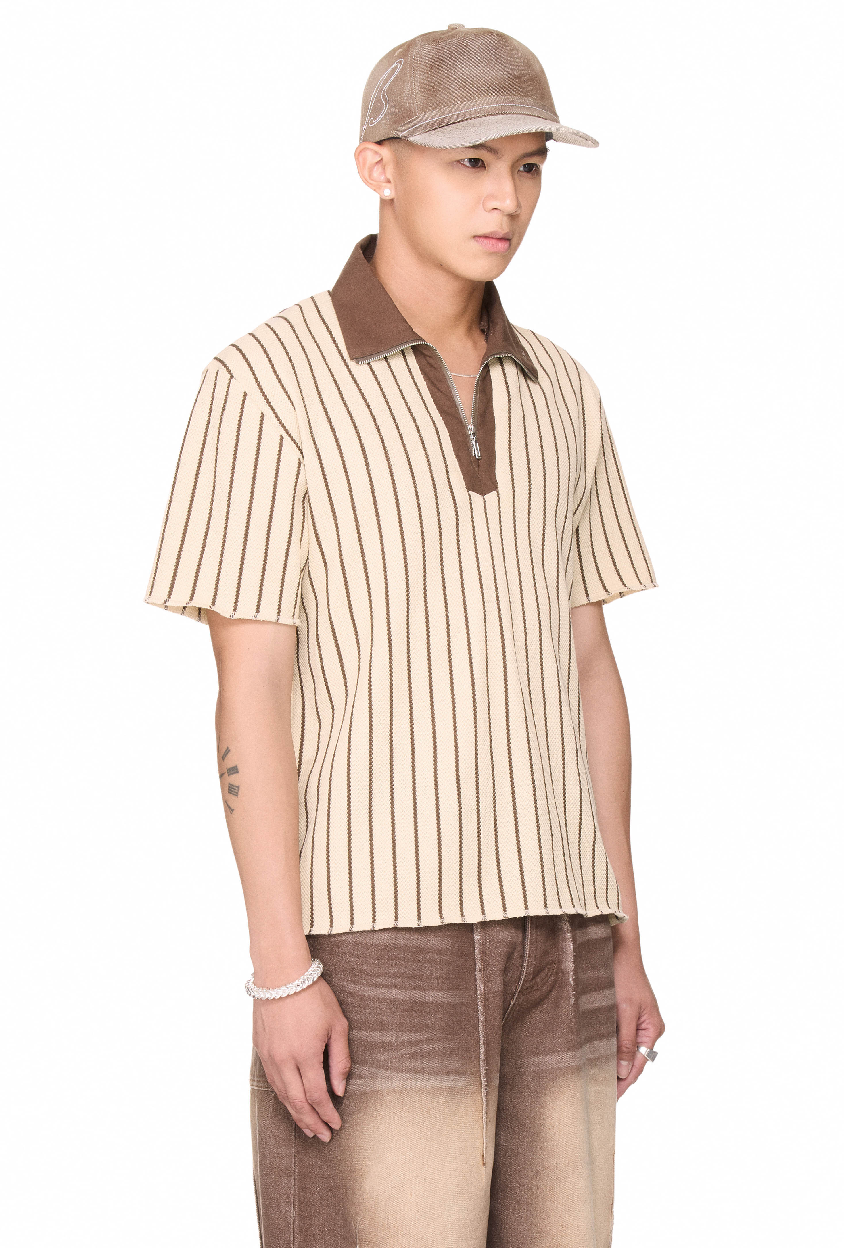 BEUTER® HALF ZIP STRIPED POLO - BEIGE