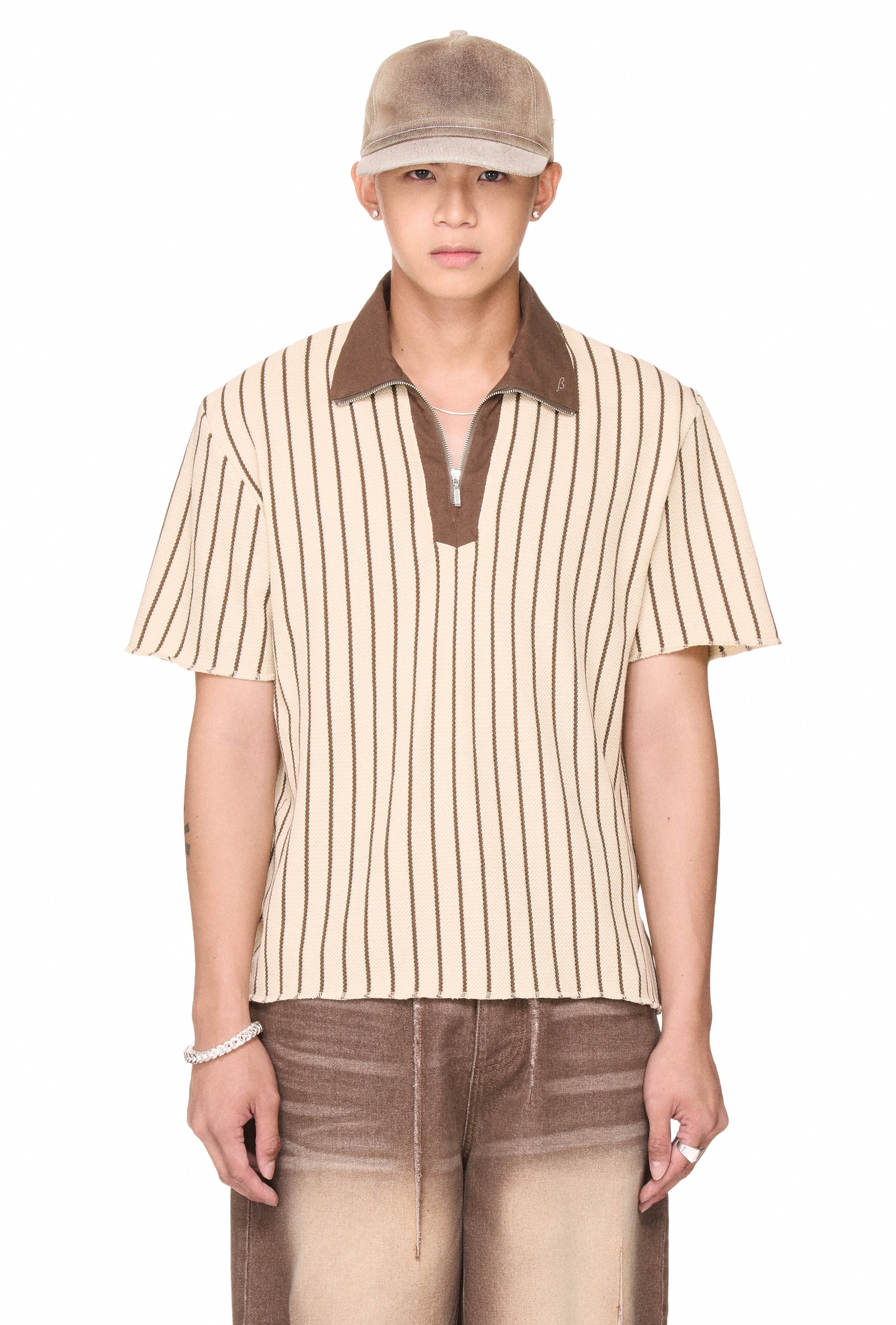 BEUTER® HALF ZIP STRIPED POLO - BEIGE