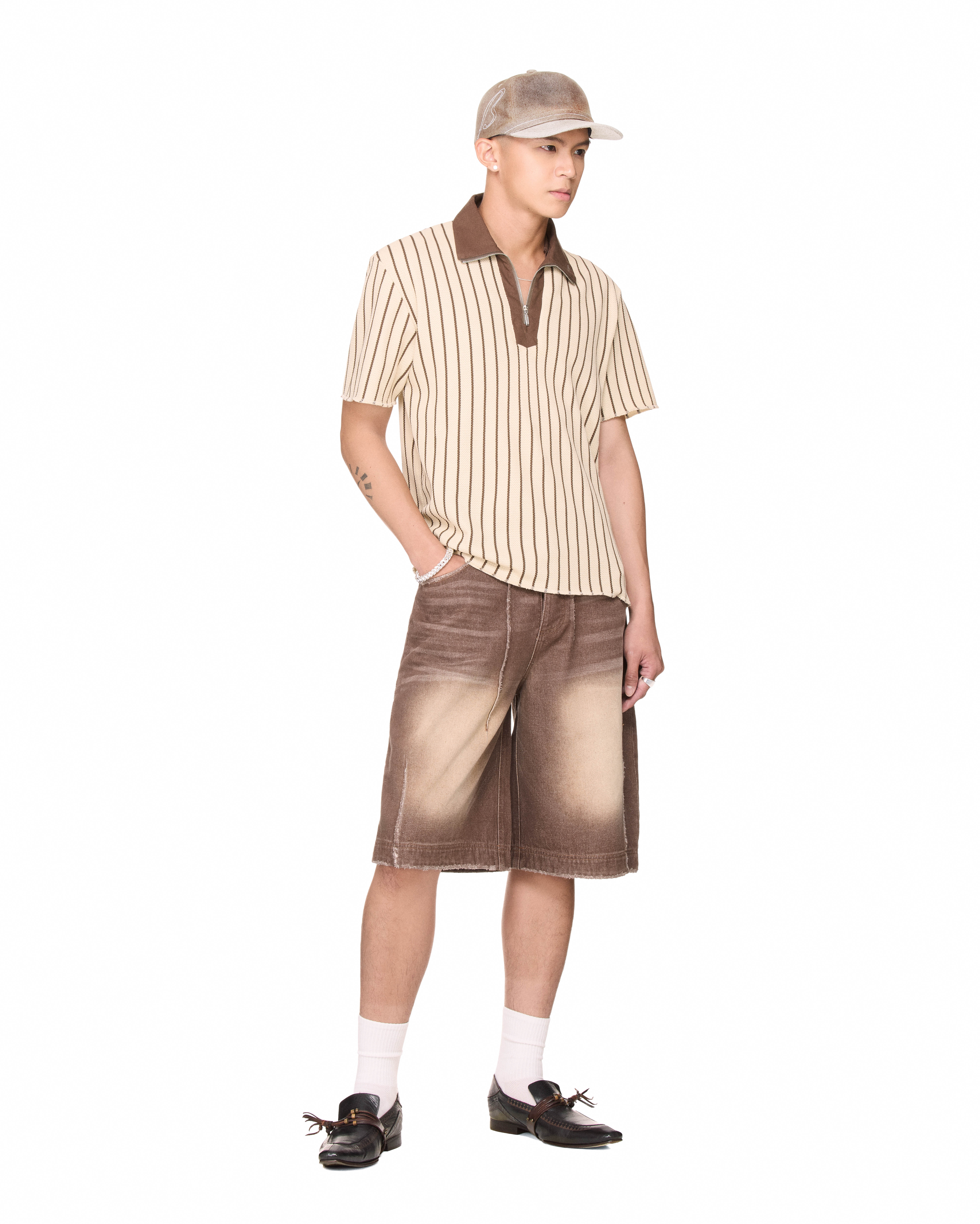 BEUTER® HALF ZIP STRIPED POLO - BEIGE