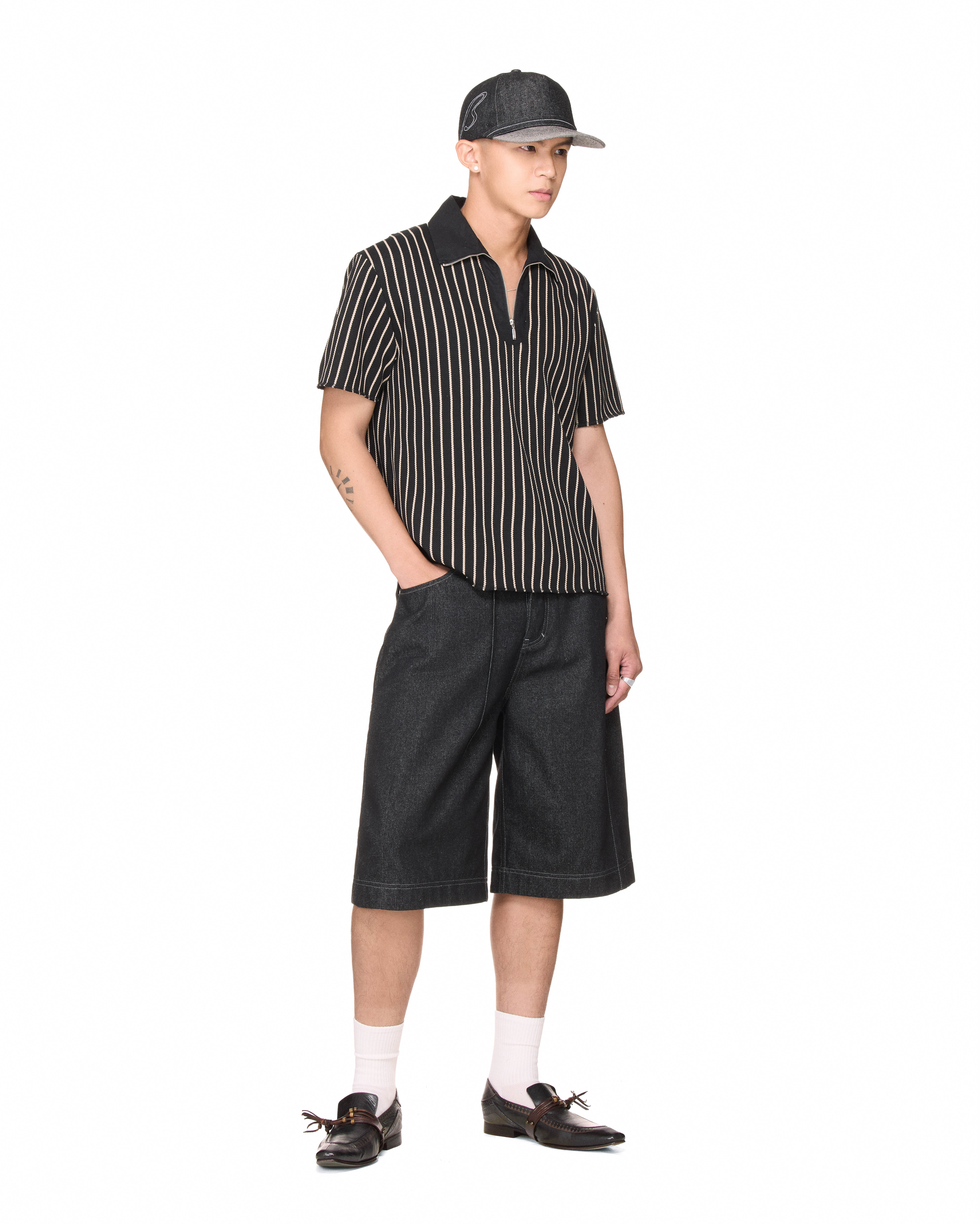 BEUTER® HALF ZIP STRIPED POLO - BLACK