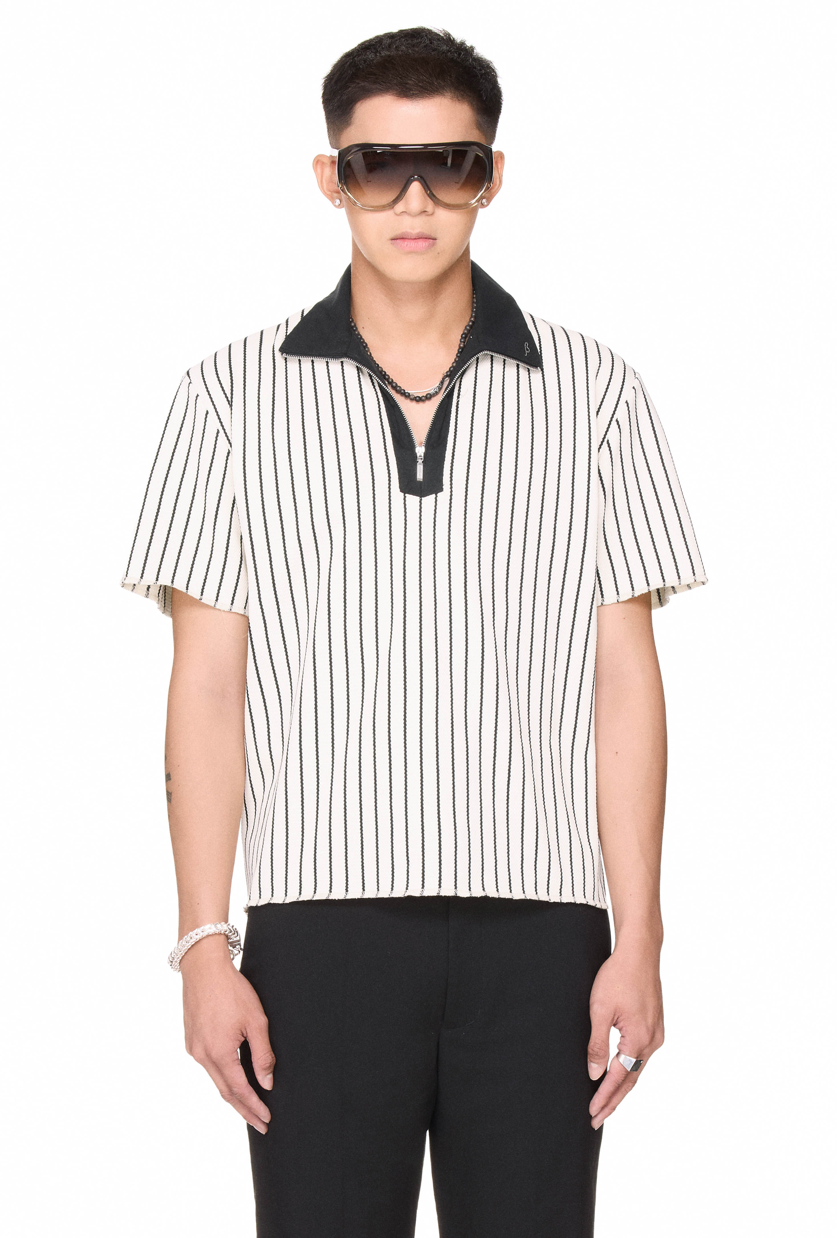 BEUTER® HALF ZIP STRIPED POLO - WHITE
