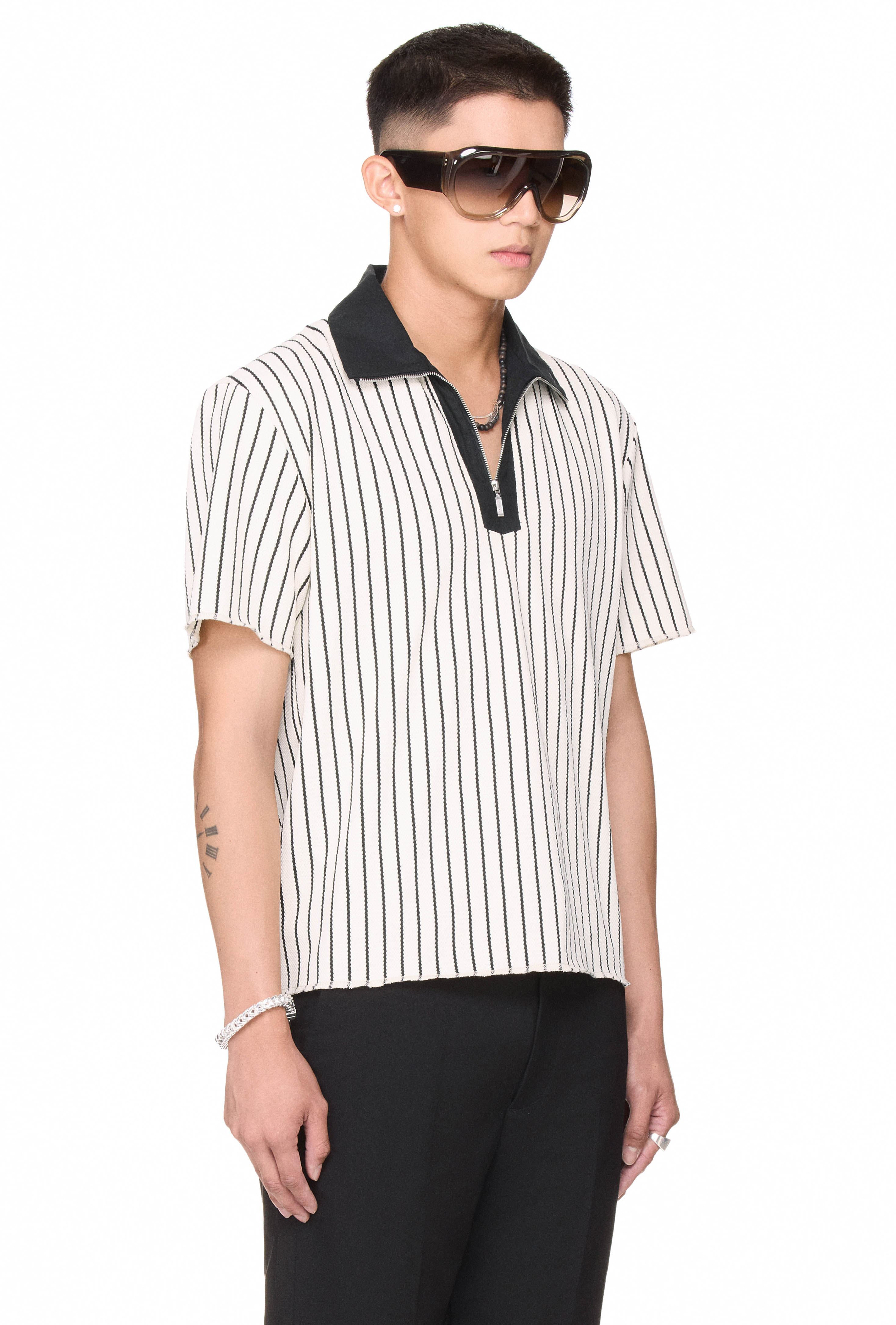 BEUTER® HALF ZIP STRIPED POLO - WHITE