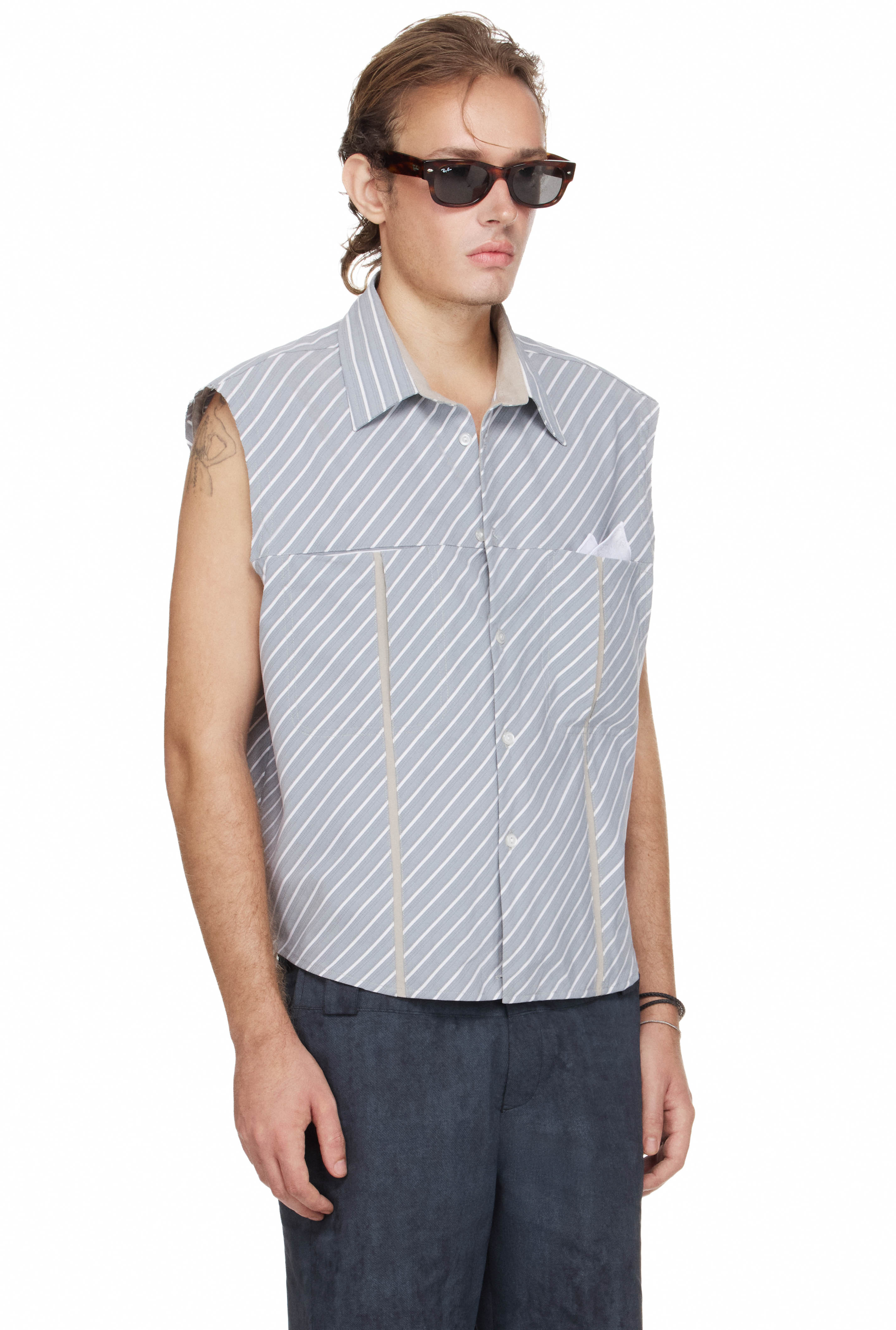 BEUTER® MS RELAXED SLEEVELESS DIAGONAL STRIPED SHIRT - BLUE