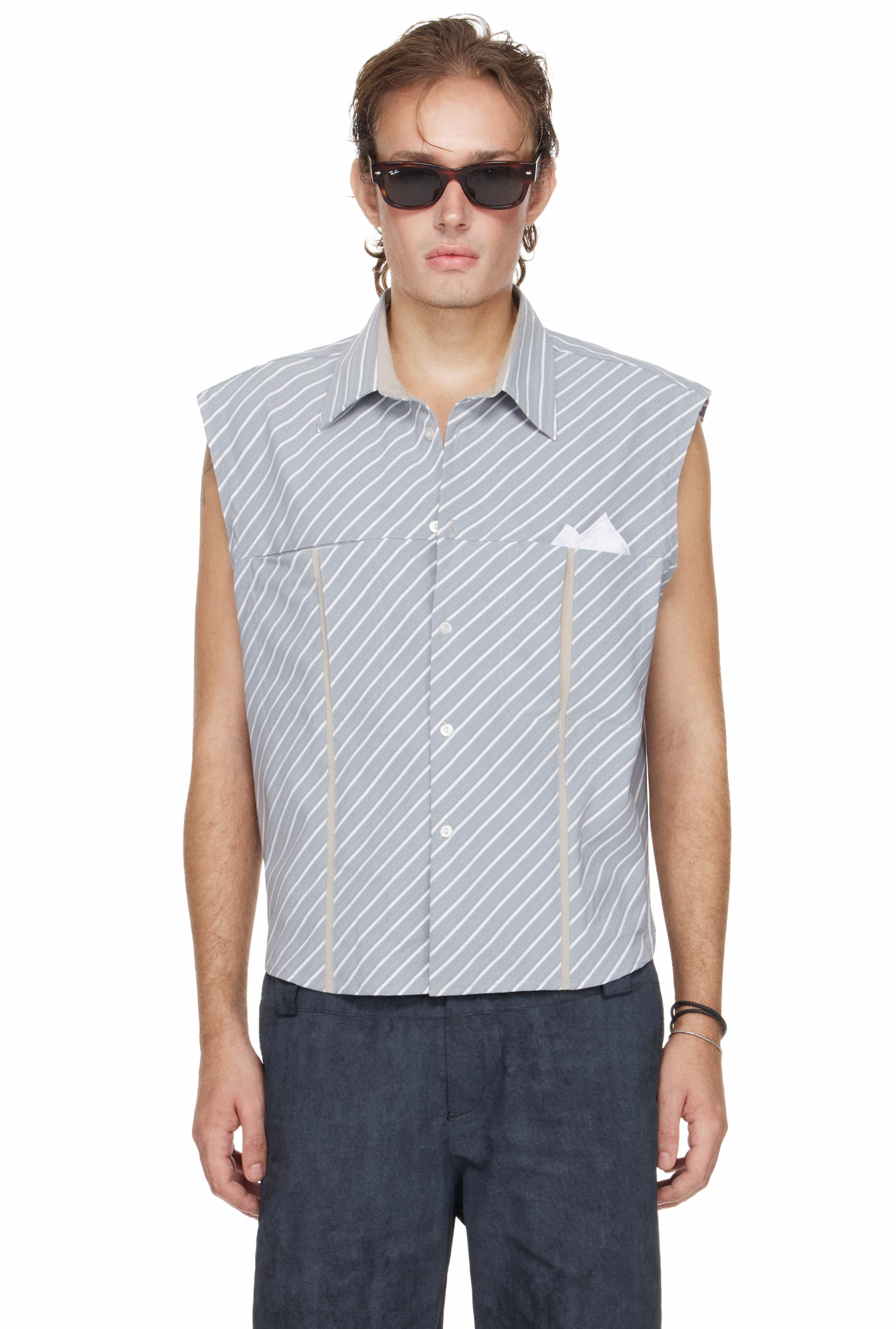 BEUTER® MS RELAXED SLEEVELESS DIAGONAL STRIPED SHIRT - BLUE