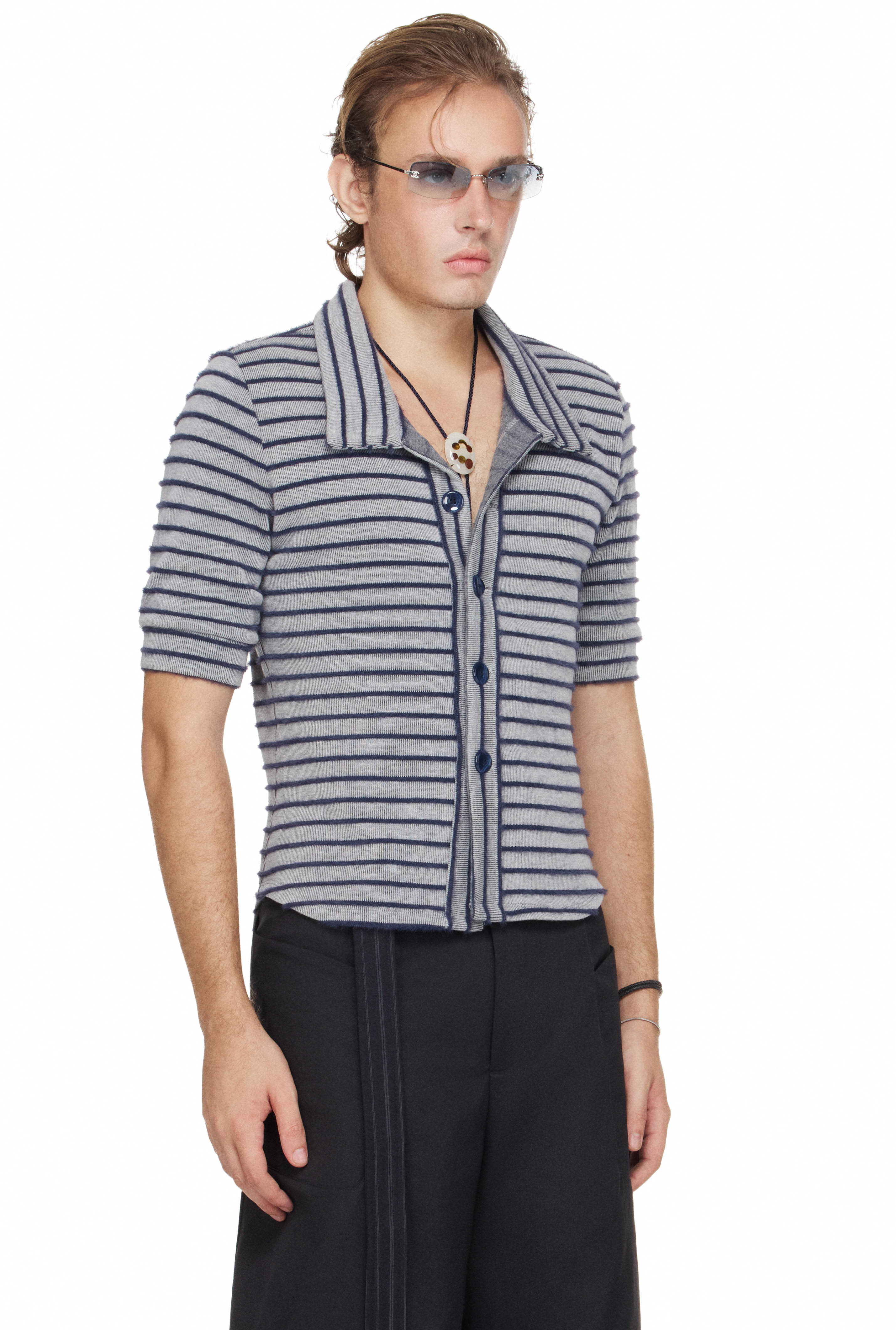 BEUTER® MS SLIM-FIT STRIPED MID-SLEEVE SHIRT - BLUE