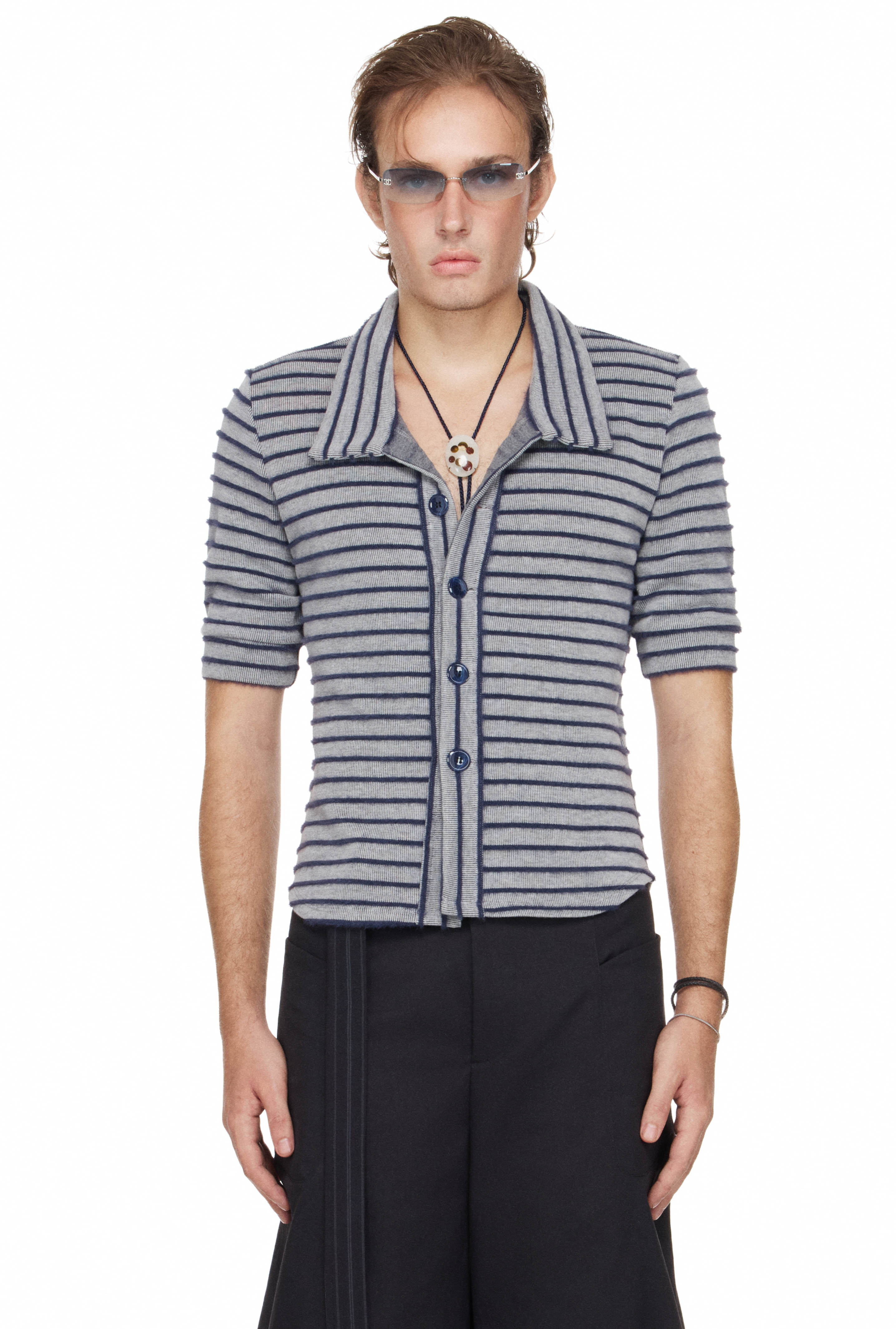 BEUTER® MS SLIM-FIT STRIPED MID-SLEEVE SHIRT - BLUE