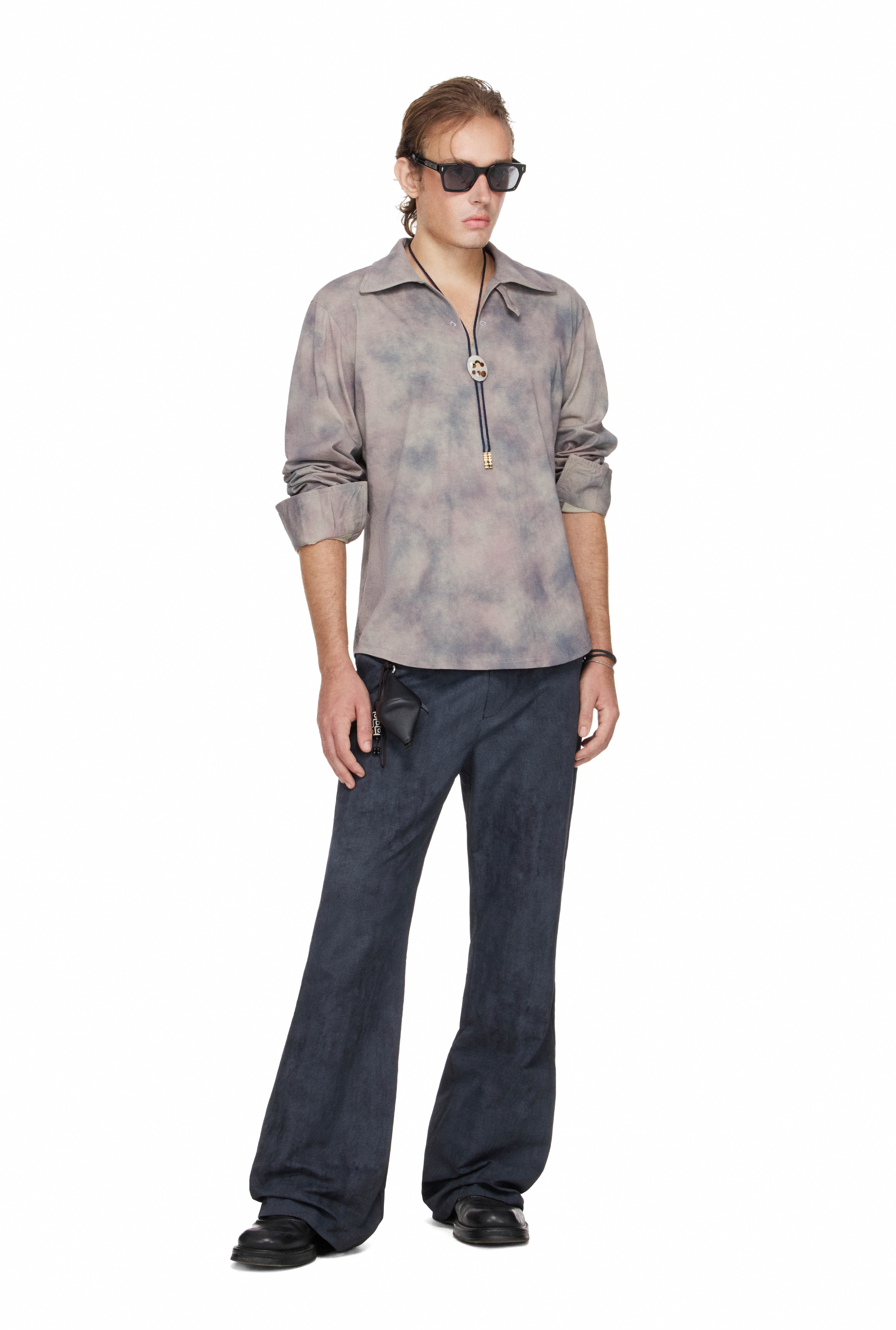 BEUTER® SHAPED RELAXED COLLARED SPLIT-NECK LONG SLEEVE POLO - GREY