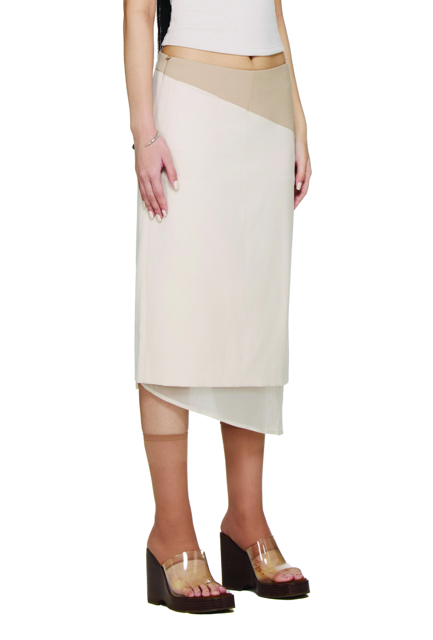 BEUTER® WMNS SHEER-PANELED MIDI SKIRT - CREAM