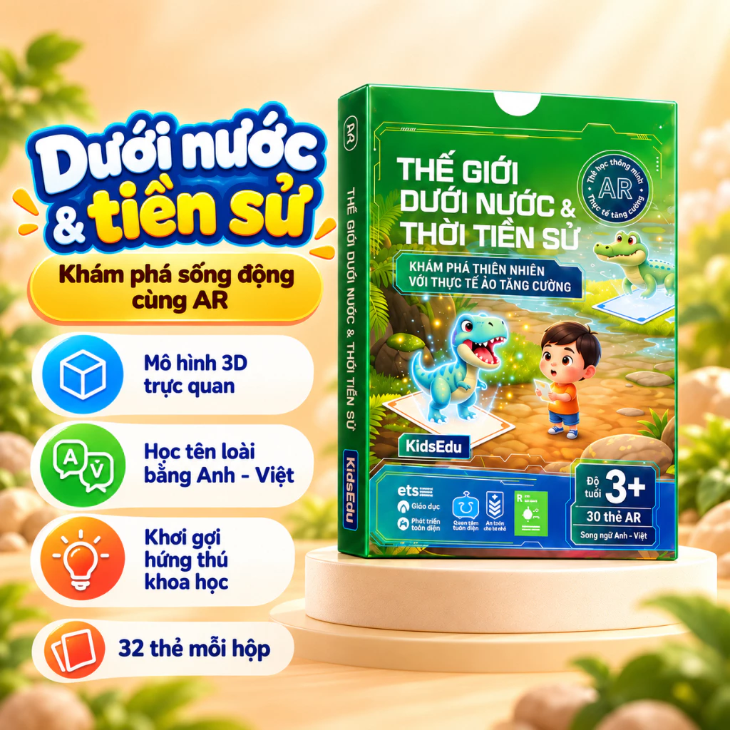 Thẻ Học Thông Minh AR Thế Giới Dưới Nước Và Thời Tiền Sử: Bộ Thẻ Tương Tác Thực Tế Ảo Giúp Trẻ Học Tiếng Anh Song Ngữ Và Khám Phá Đại Dương - Khủng Long