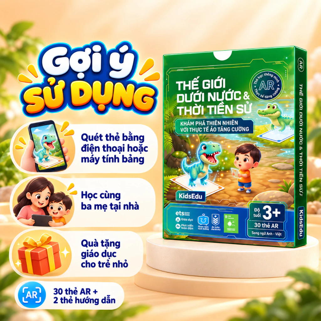 Thẻ Học Thông Minh AR Thế Giới Dưới Nước Và Thời Tiền Sử: Bộ Thẻ Tương Tác Thực Tế Ảo Giúp Trẻ Học Tiếng Anh Song Ngữ Và Khám Phá Đại Dương - Khủng Long