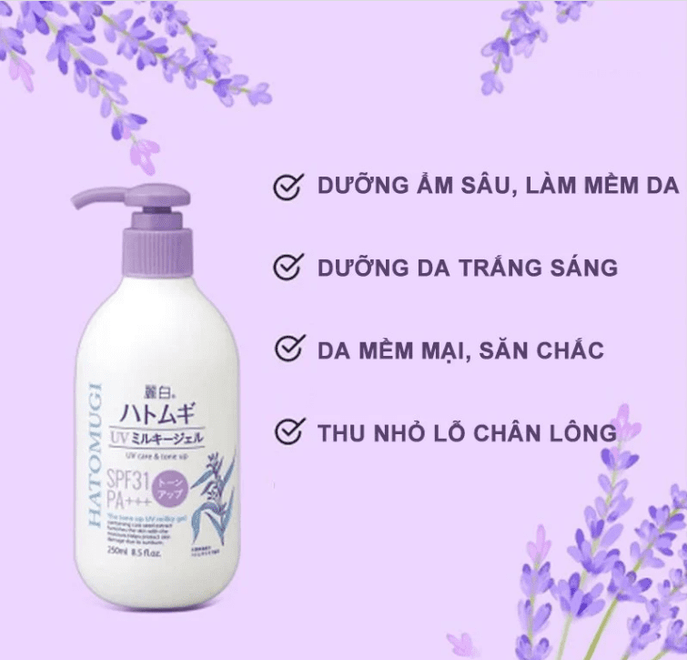 Sữa dưỡng thể trắng da, chống nắng Hatomugi UV Care & Moisturizing SPF31/PA+++ (màu tím - nâng tone)