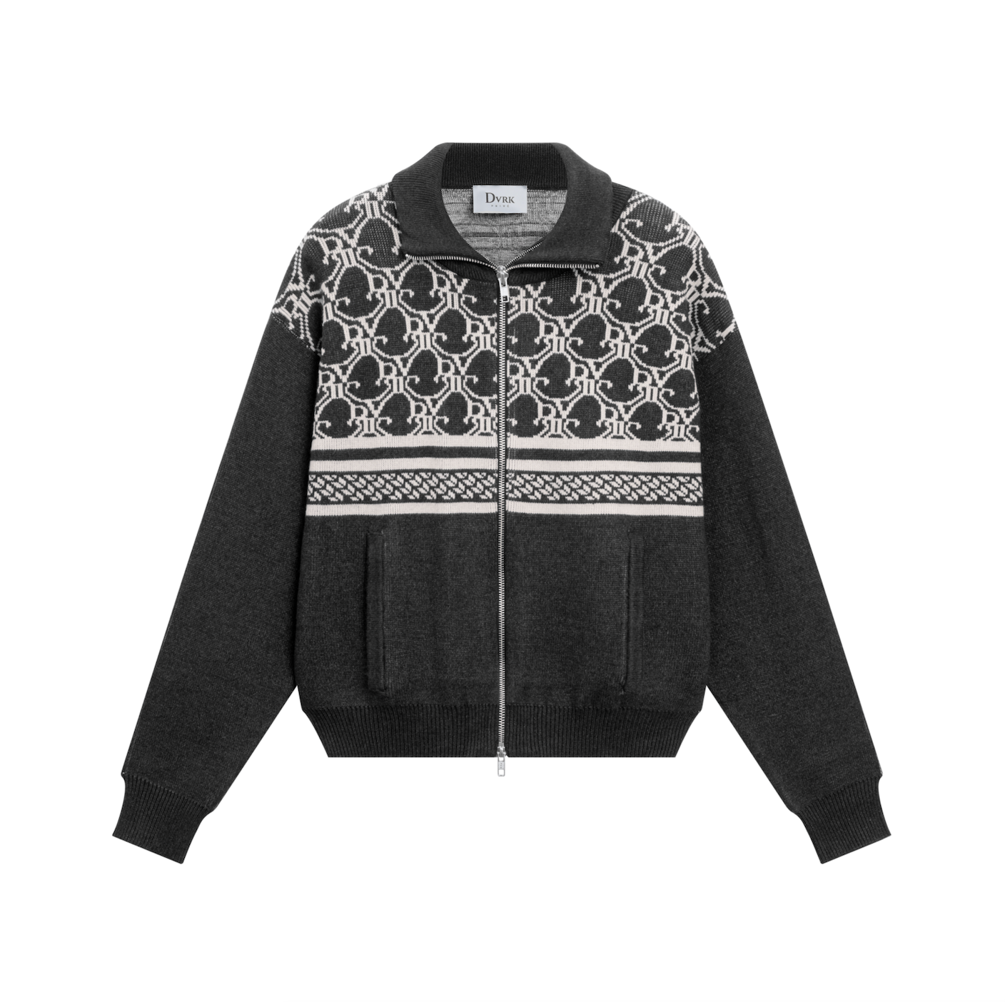 DVRK PRIVÉ MONOGRAM KNITTED ZIP-UP JACKET - DARK GREY