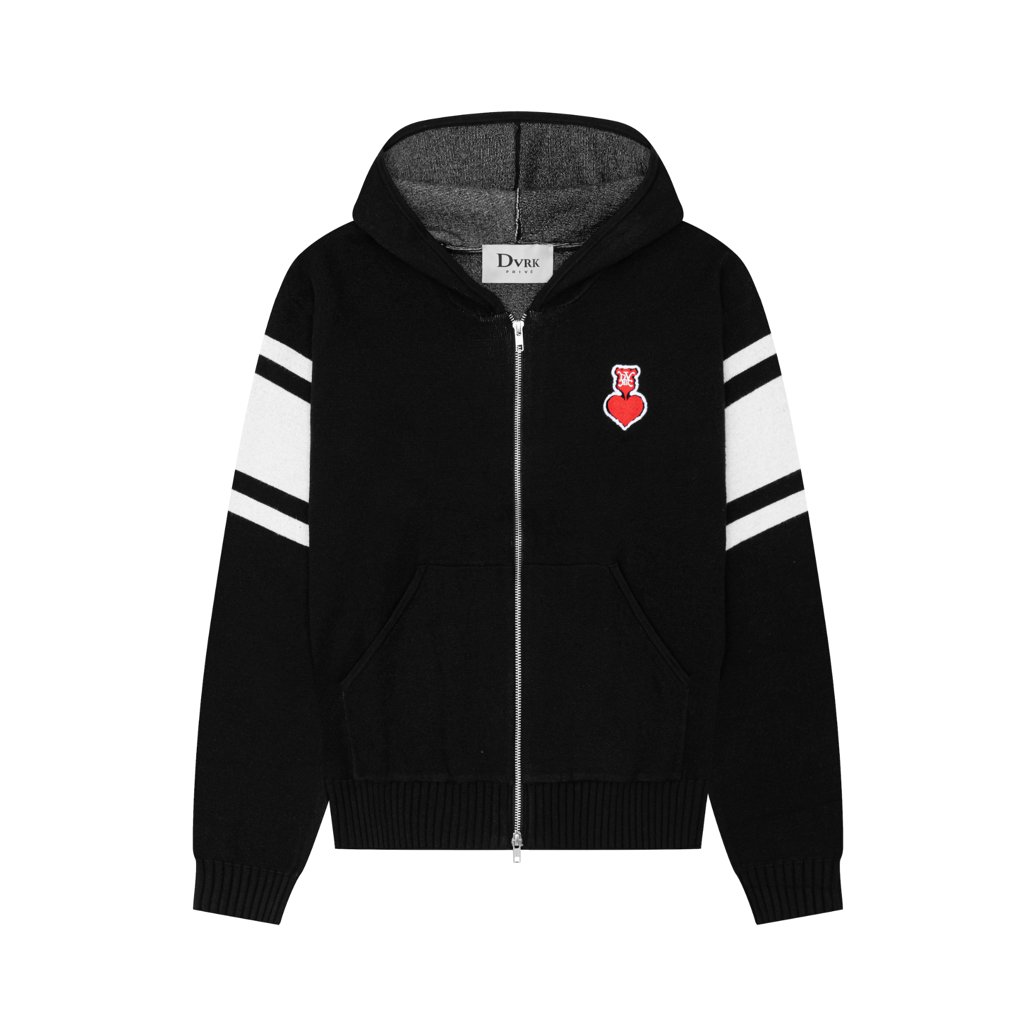 DVRK PRIVÉ HEART LOGO KNITTED ZIP-UP HOODIE - BLACK