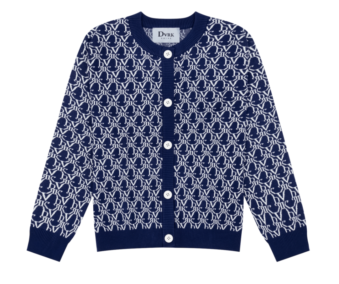 DVRK PRIVÉ KNIT CROPPED MONOGRAM CARDIGAN - DARK BLUE