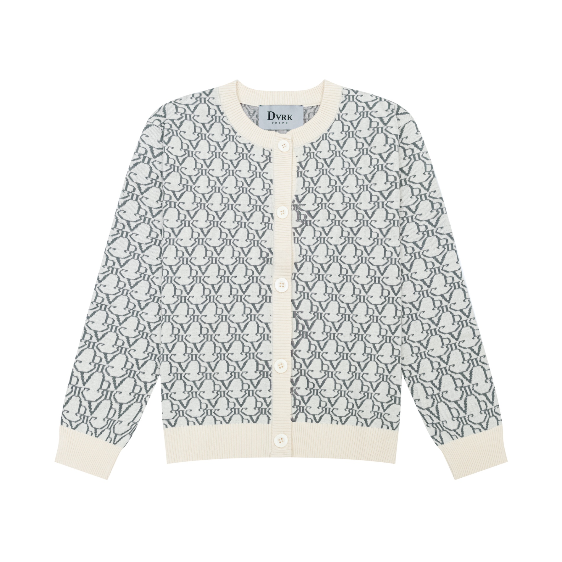 DVRK PRIVÉ KNIT CROPPED MONOGRAM CARDIGAN - CREAM/GREY
