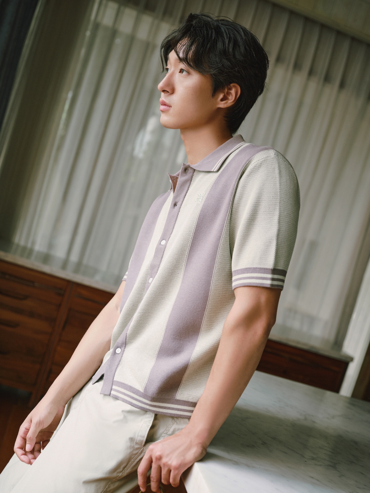 DVRK PRIVÉ STRIPED PATTERN POINTELLE KNITTED SHIRT - GREY