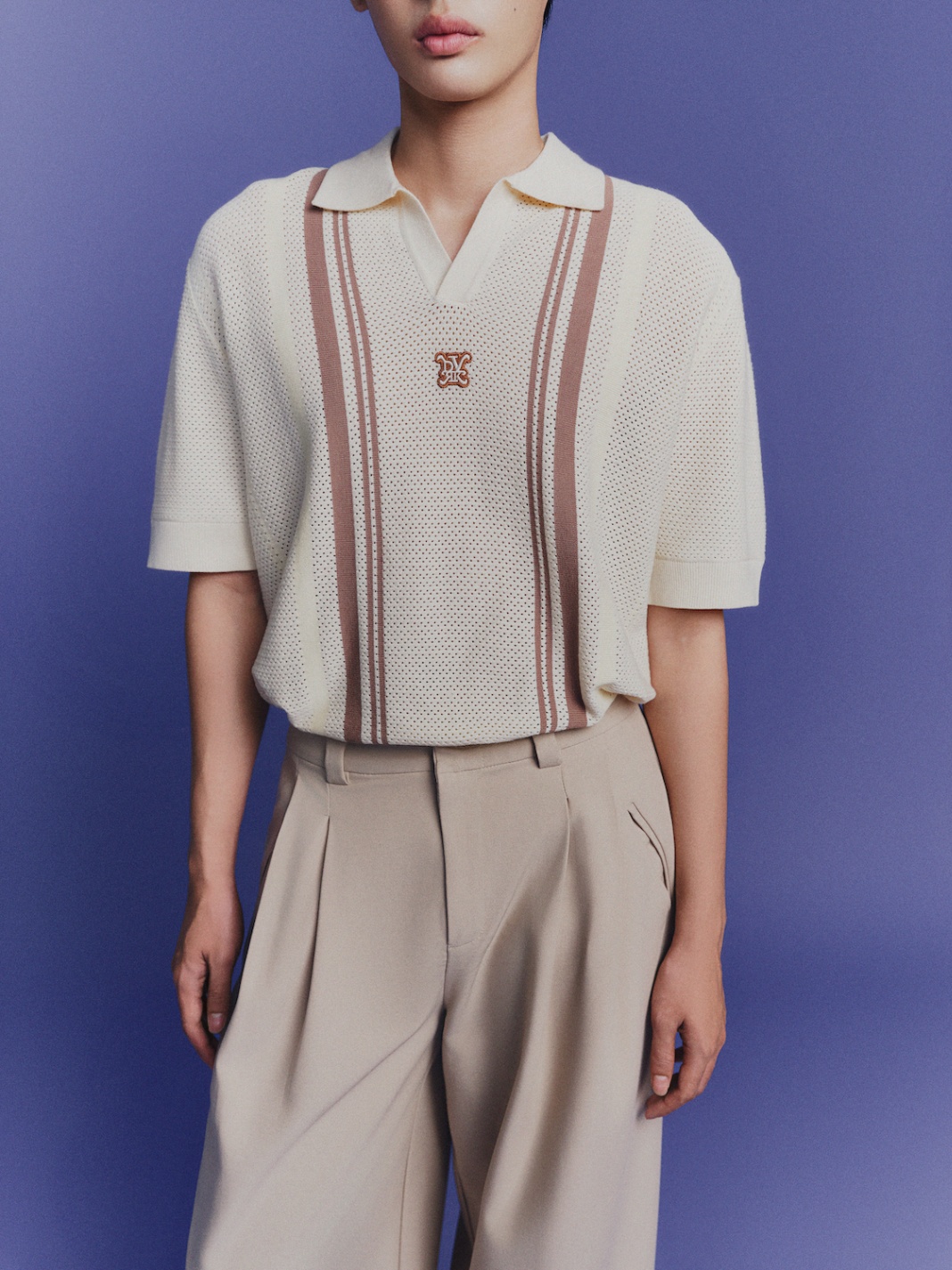 DVRK PRIVÉ STRIPED PATTERN POINTELLE KNITTED POLO - CREAM 4