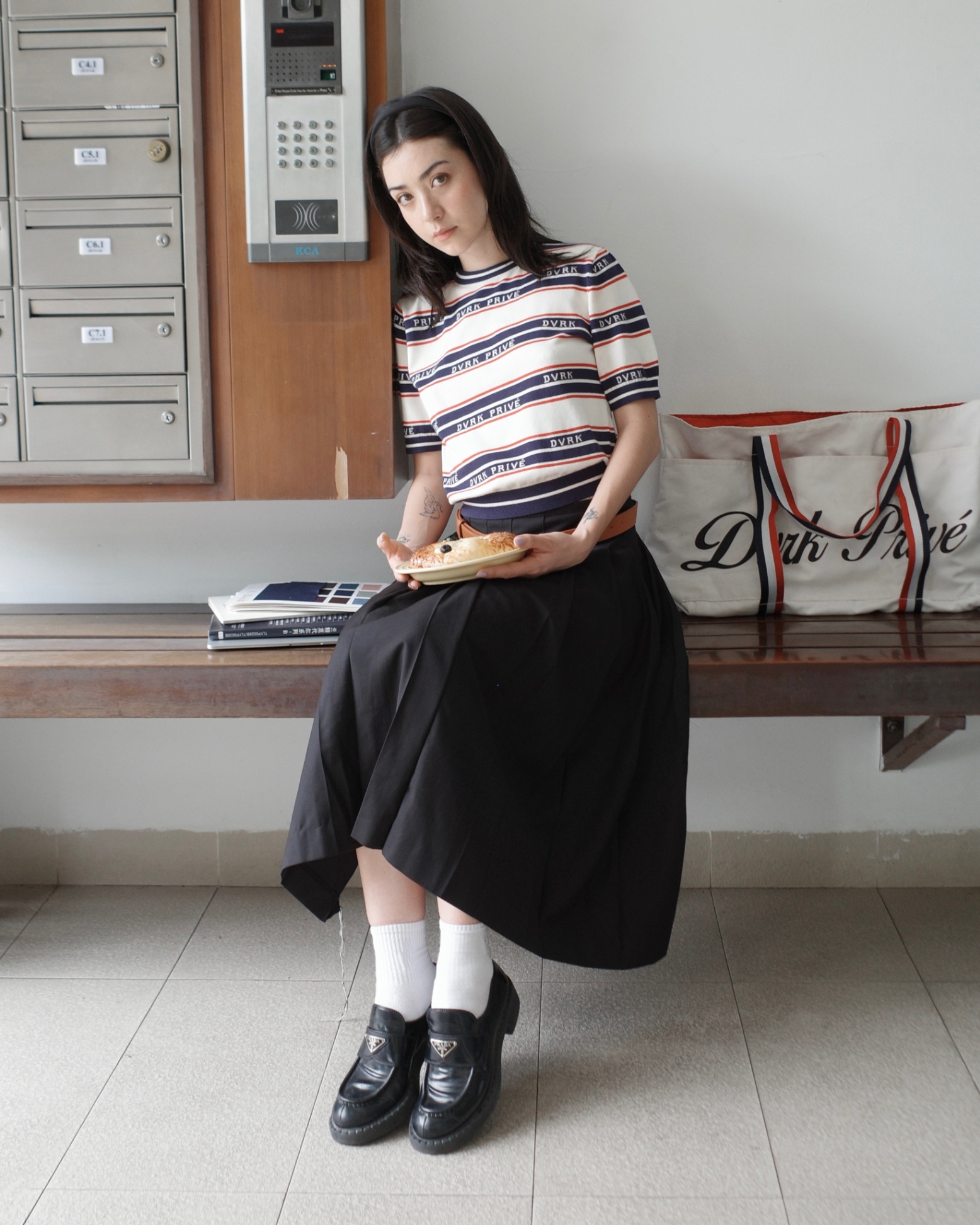 DVRK PRIVÉ STRIPE LOGO KNIT TEE (W) - NAVY/WHITE