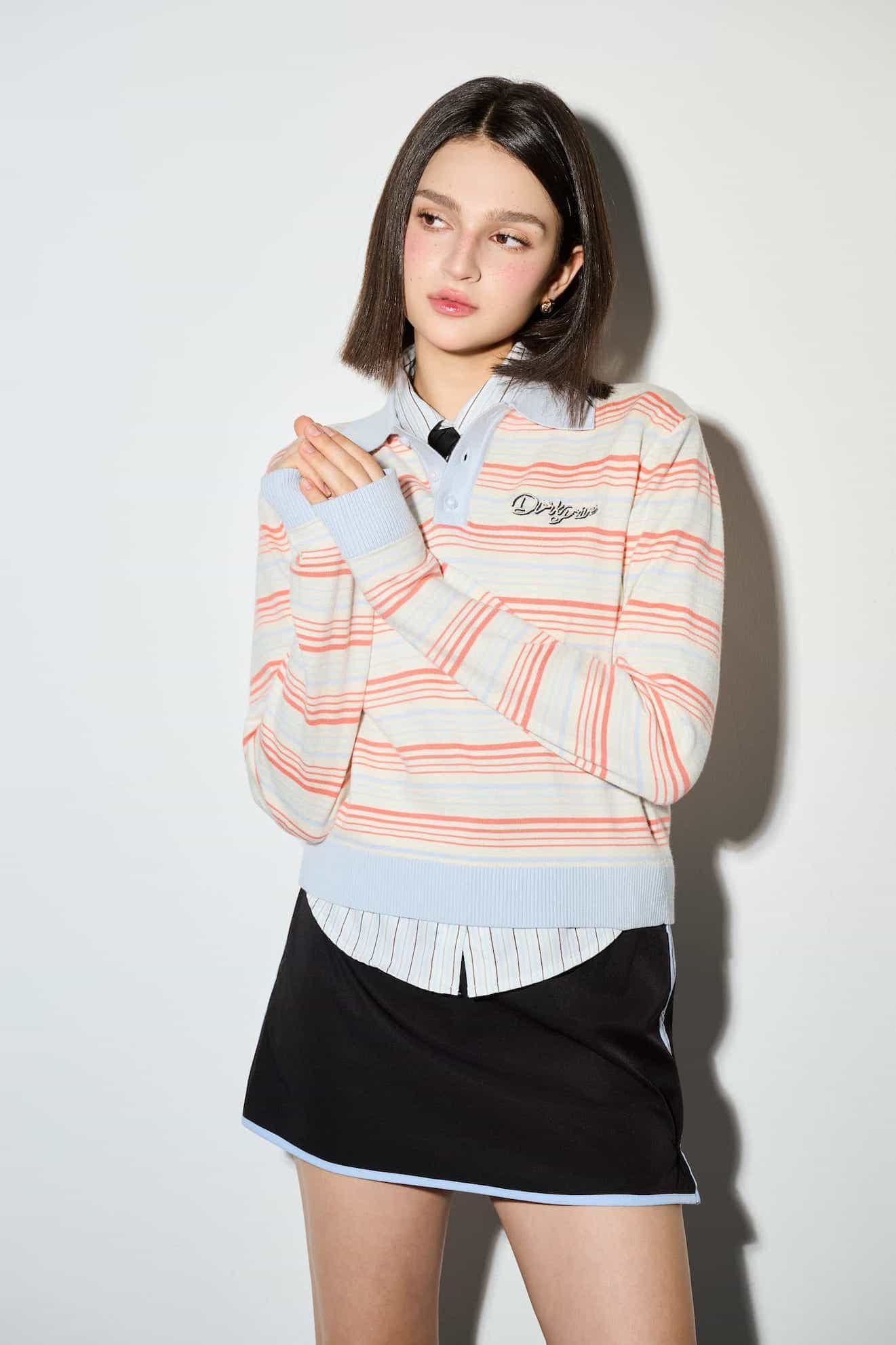 DVRK PRIVÉ STRIPE KNIT LONGSLEEVES CROP POLO - SALMON
