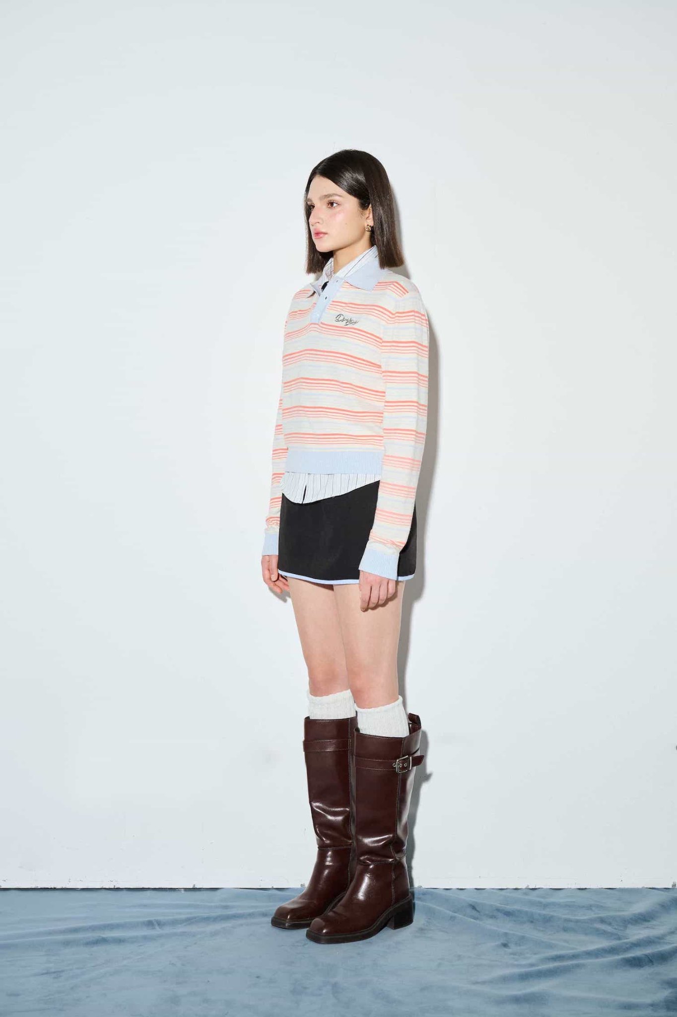 DVRK PRIVÉ STRIPE KNIT LONGSLEEVES CROP POLO - SALMON