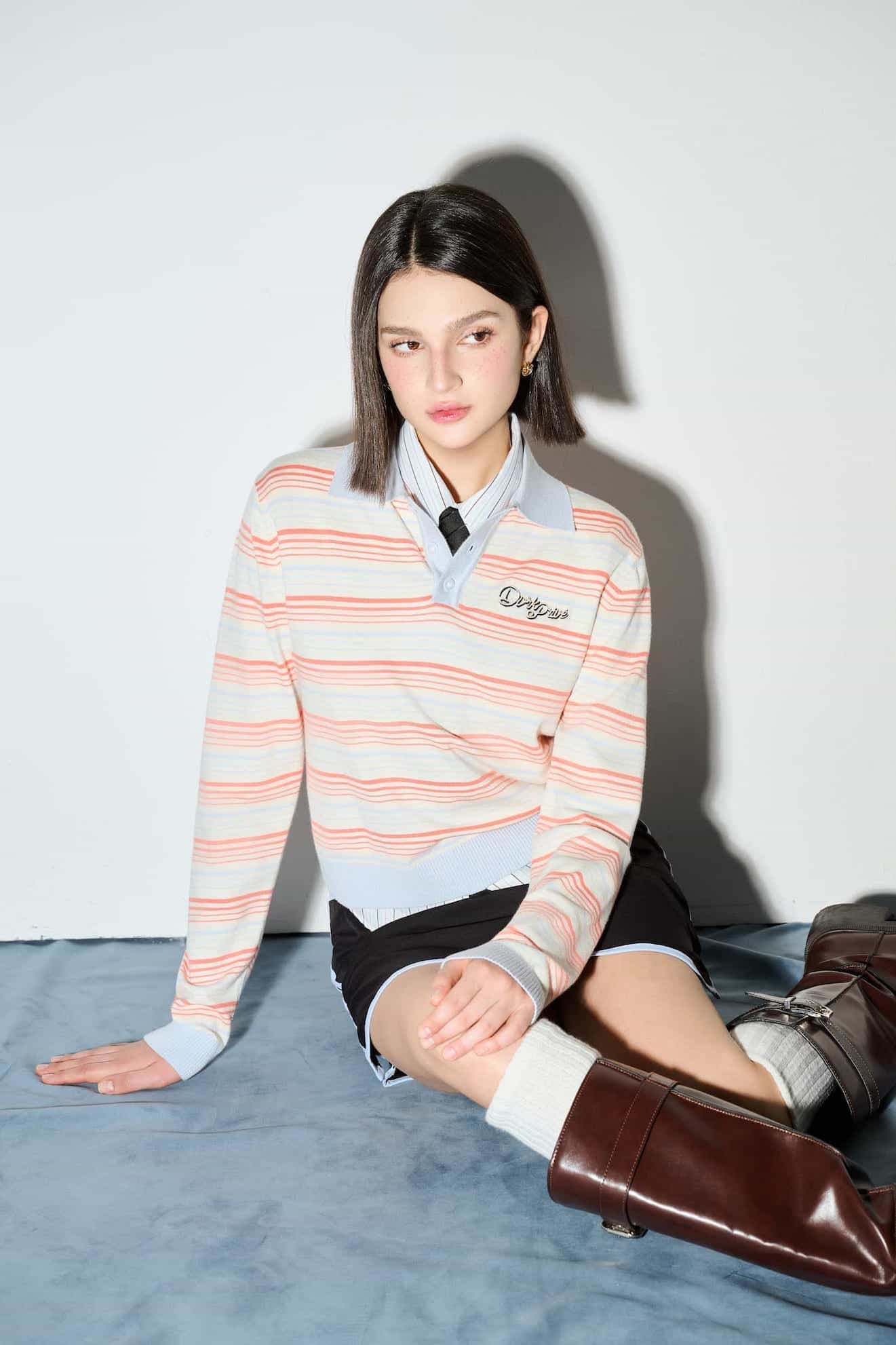 DVRK PRIVÉ STRIPE KNIT LONGSLEEVES CROP POLO - SALMON 8