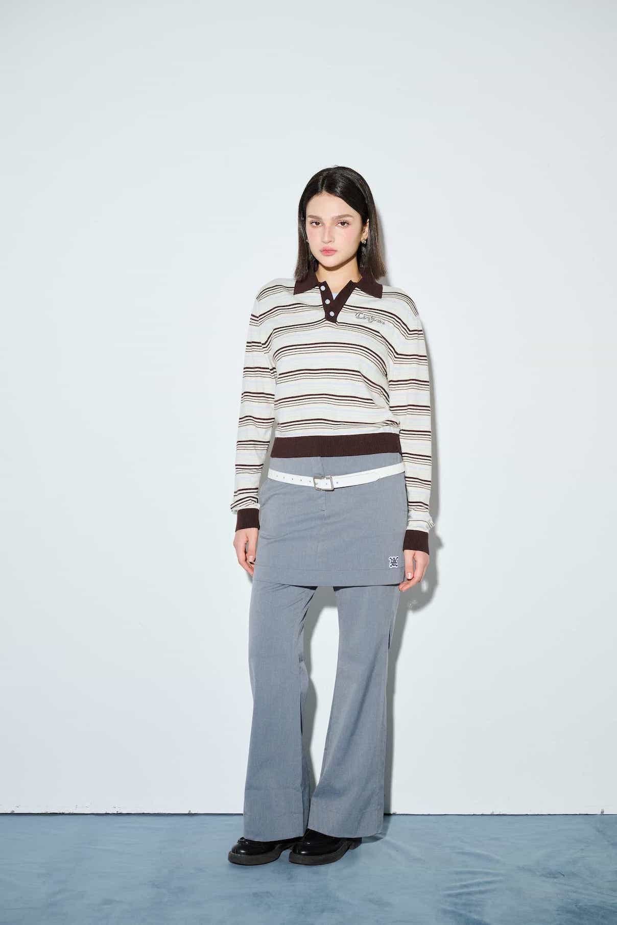 DVRK PRIVÉ STRIPE KNIT LONGSLEEVES CROP POLO - BLUE