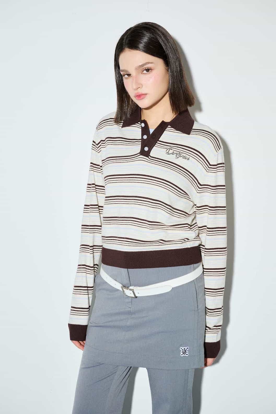 DVRK PRIVÉ STRIPE KNIT LONGSLEEVES CROP POLO - BLUE