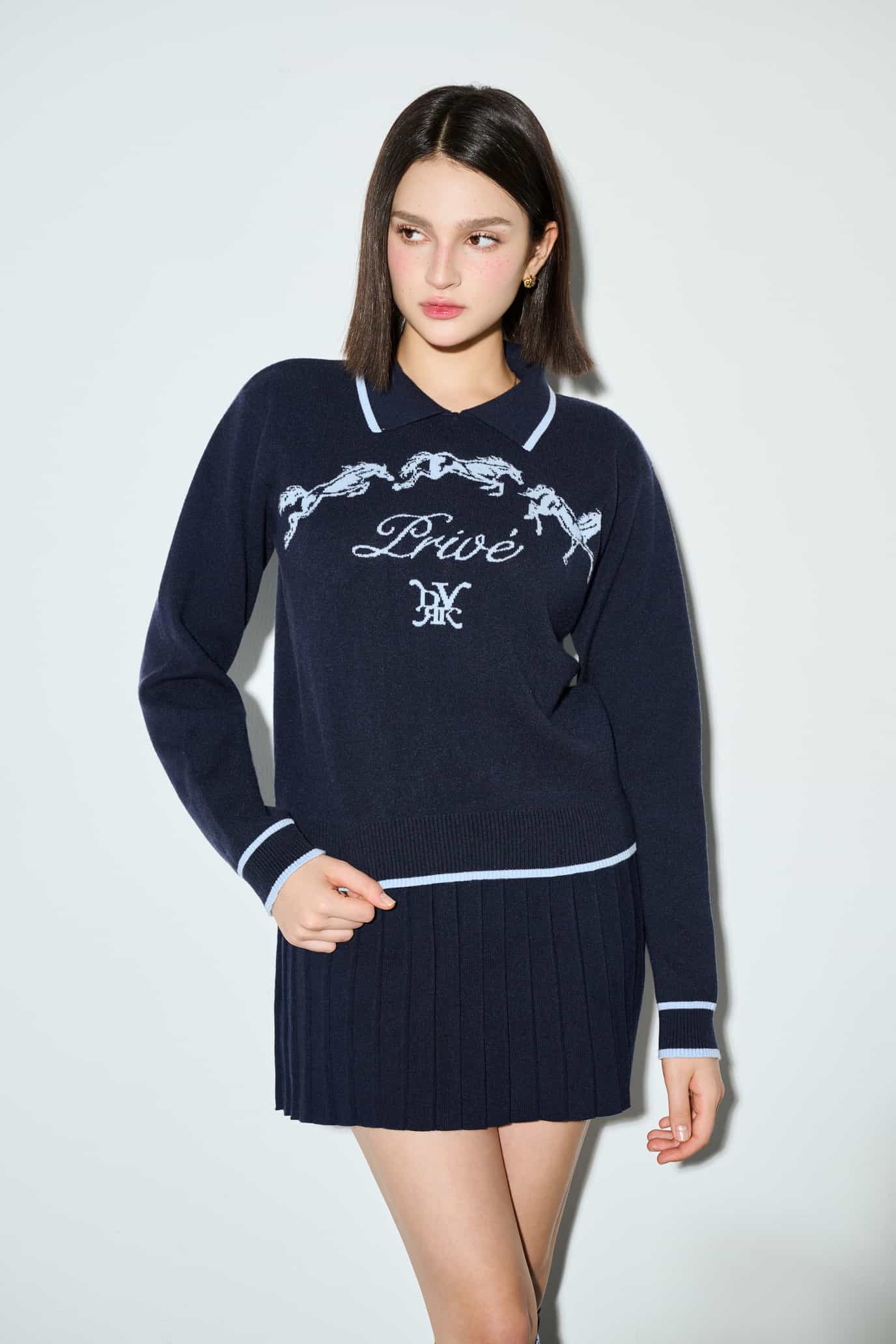 DVRK PRIVÉ HORSE KNIT LONGSLEEVE POLO - DARK BLUE