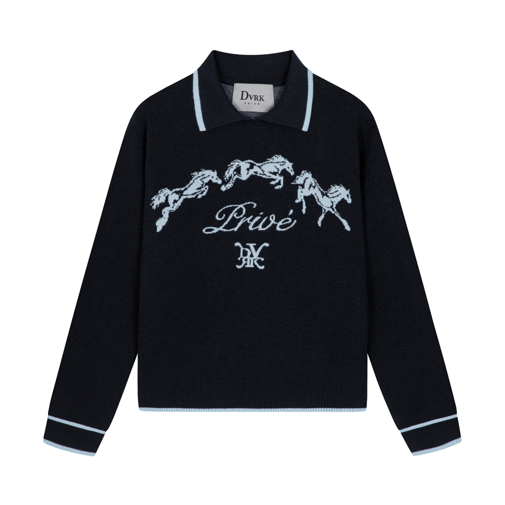 DVRK PRIVÉ HORSE KNIT LONGSLEEVE POLO - DARK BLUE