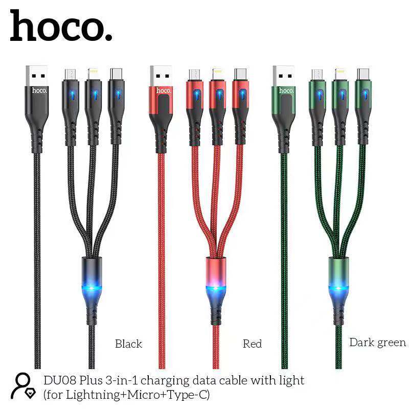 Cáp Sạc Dù Báo Đèn 3 đầu Hoco DU08 3in1 (Truyền dữ liệu và sạc)