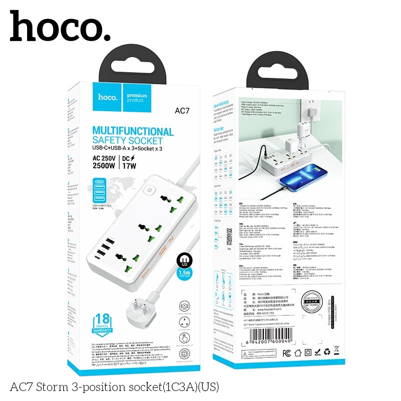 Ổ Cắm 3 Vị Trí Hoco AC7 STORM(1C3A)(US)