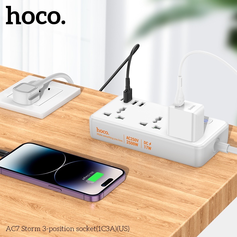 Ổ Cắm 3 Vị Trí Hoco AC7 STORM(1C3A)(US)