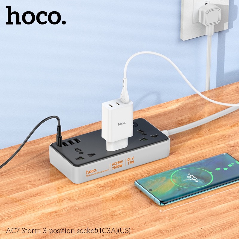 Ổ Cắm 3 Vị Trí Hoco AC7 STORM(1C3A)(US)