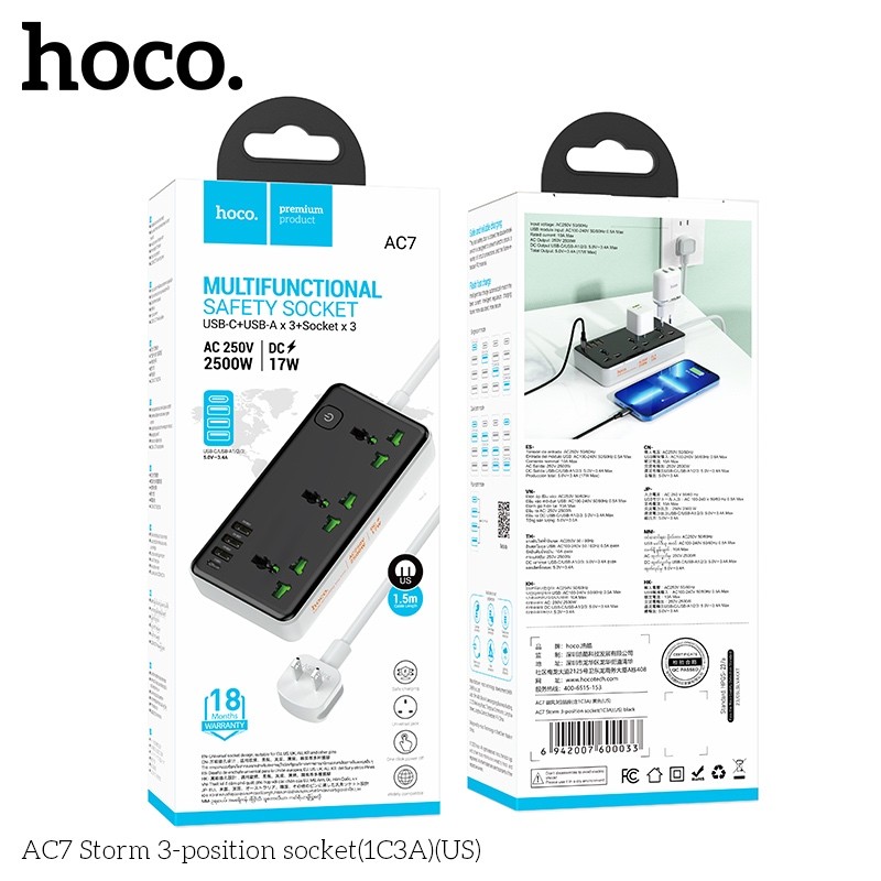 Ổ Cắm 3 Vị Trí Hoco AC7 STORM(1C3A)(US)