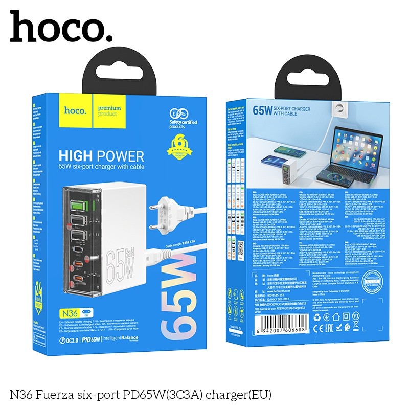 Củ sạc Hoco N36 6 cổng PD65W (3C 3A)