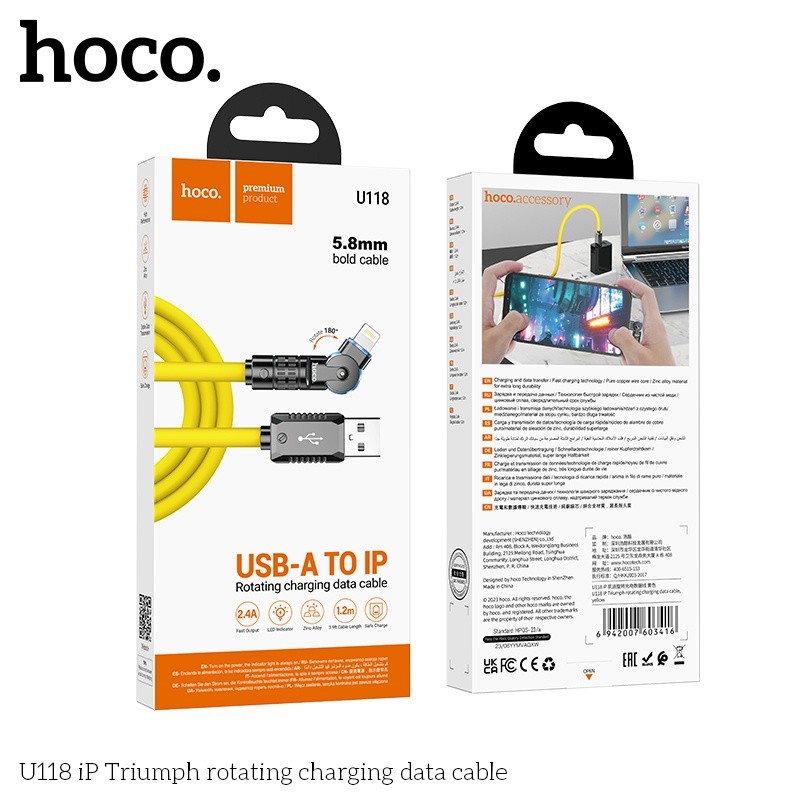 Cáp sạc Hoco U118 lightning xoay được đầu