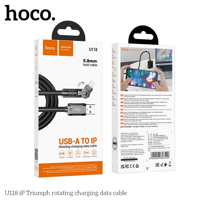 Cáp sạc Hoco U118 lightning xoay được đầu