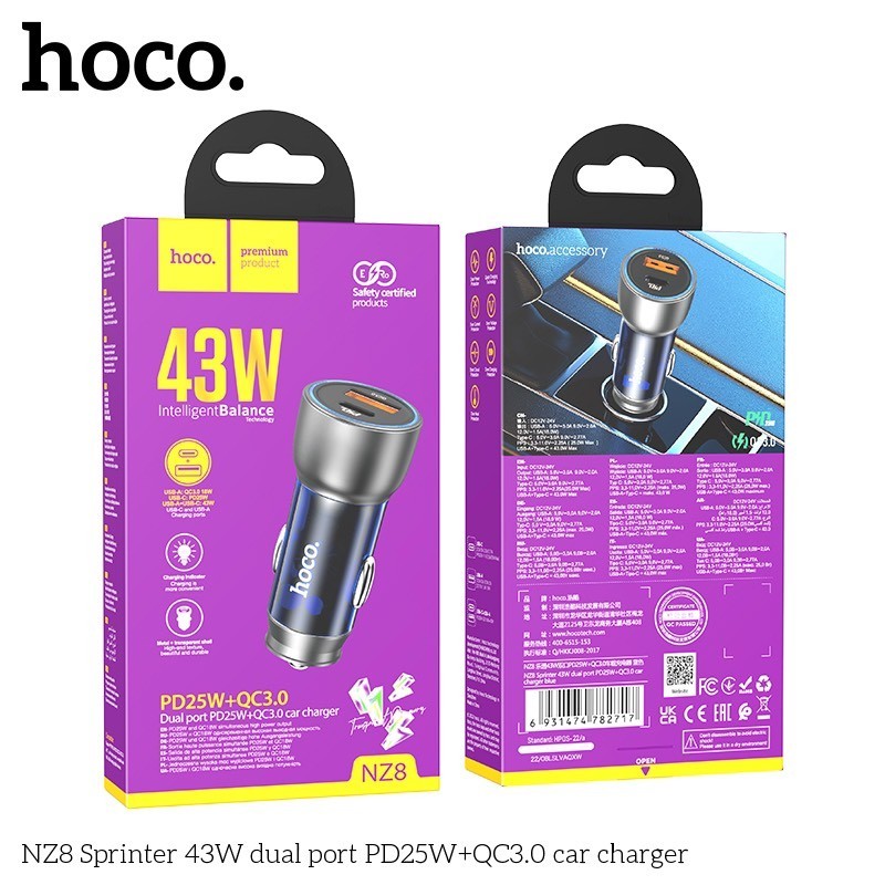 Tẩu Sạc Hoco NZ8 QC3.0 (Cổng TypeC và USB 43W)