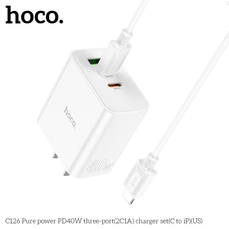 Bộ củ cáp sạc nhanh 40W Hoco C126 lightning (1 usb 2 typeC)