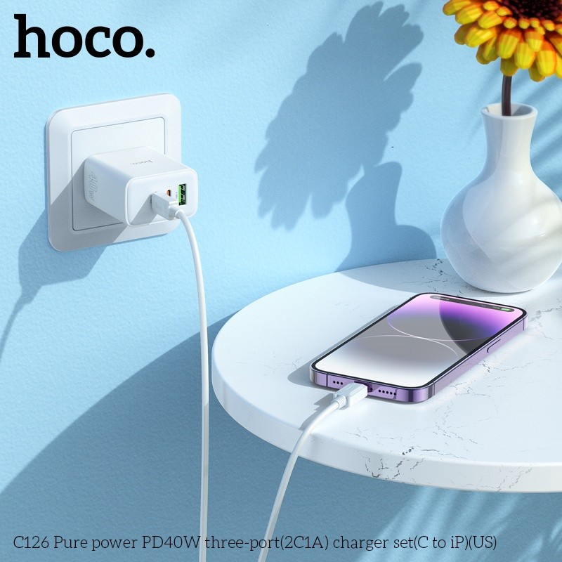 Bộ củ cáp sạc nhanh 40W Hoco C126 lightning (1 usb 2 typeC)